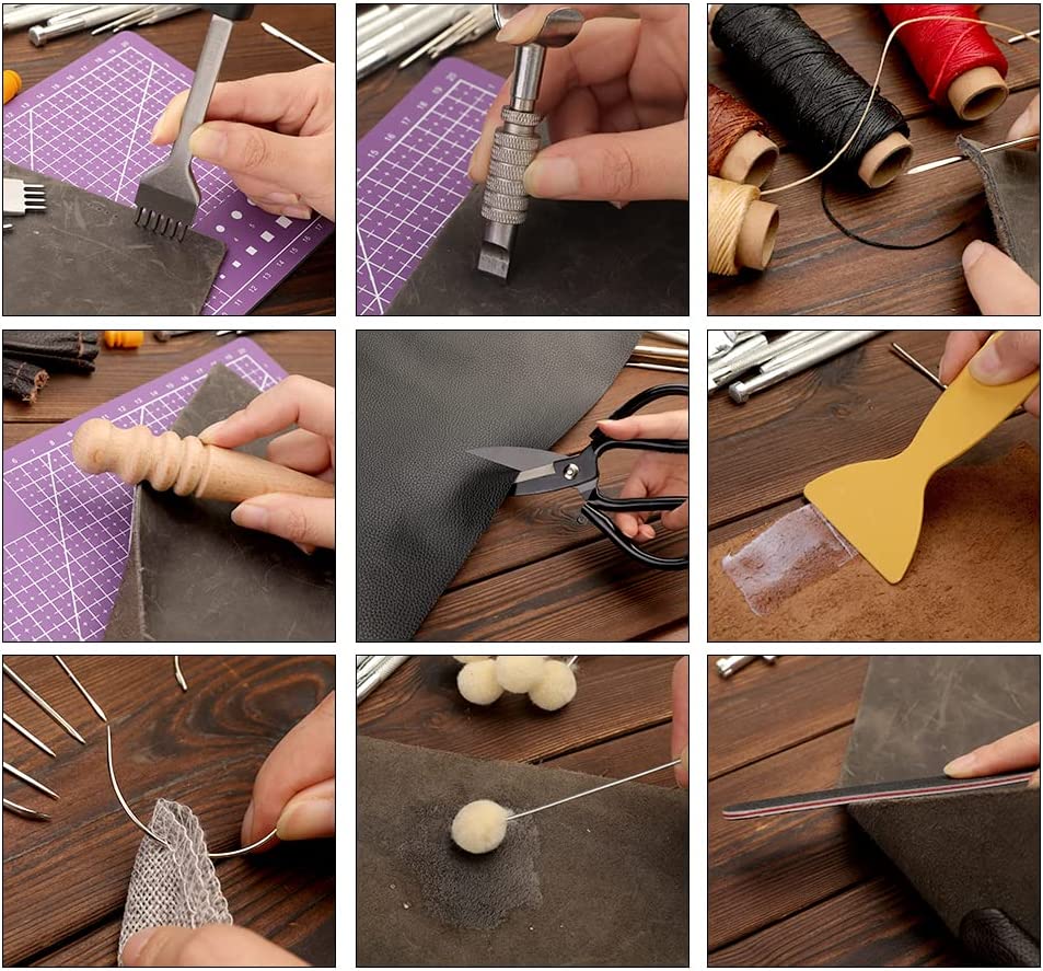 183Pcs Leather kit,Leathercraft Working Tool Kit with Saddle Making Tools Set,Leather Rivets Kit,Prong Punch,Leather Hammer for Leather Working,Leather Making,Leather Craft DIY image 4