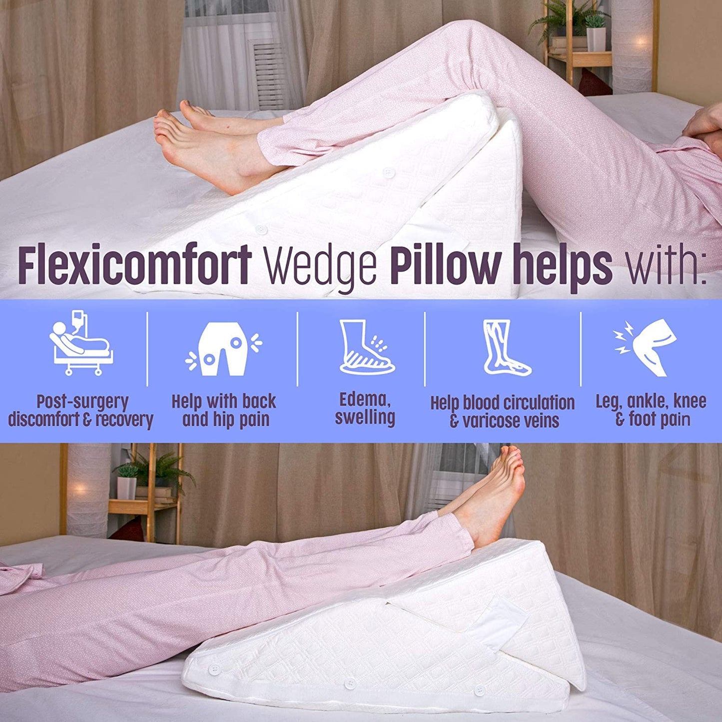 Flexicomfort Memory Foam Wedge Pillow for Sleeping with Adjustable Head Support Cushion - Post Surgery Pillow - Folding Incline Cushion System for Legs - Washable Cover image 5