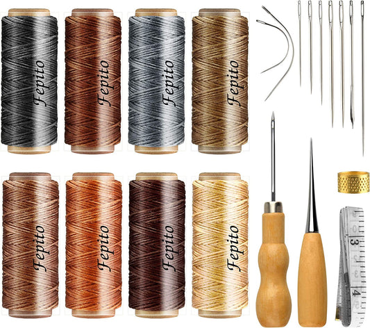 FEPITO 21pcs Leather Waxed Thread 8 Color 264 Yards 150D Leather Sewing Waxed Thread Cord with Leather Craft Hand Tools Kit for DIY Sewing Craft image 0