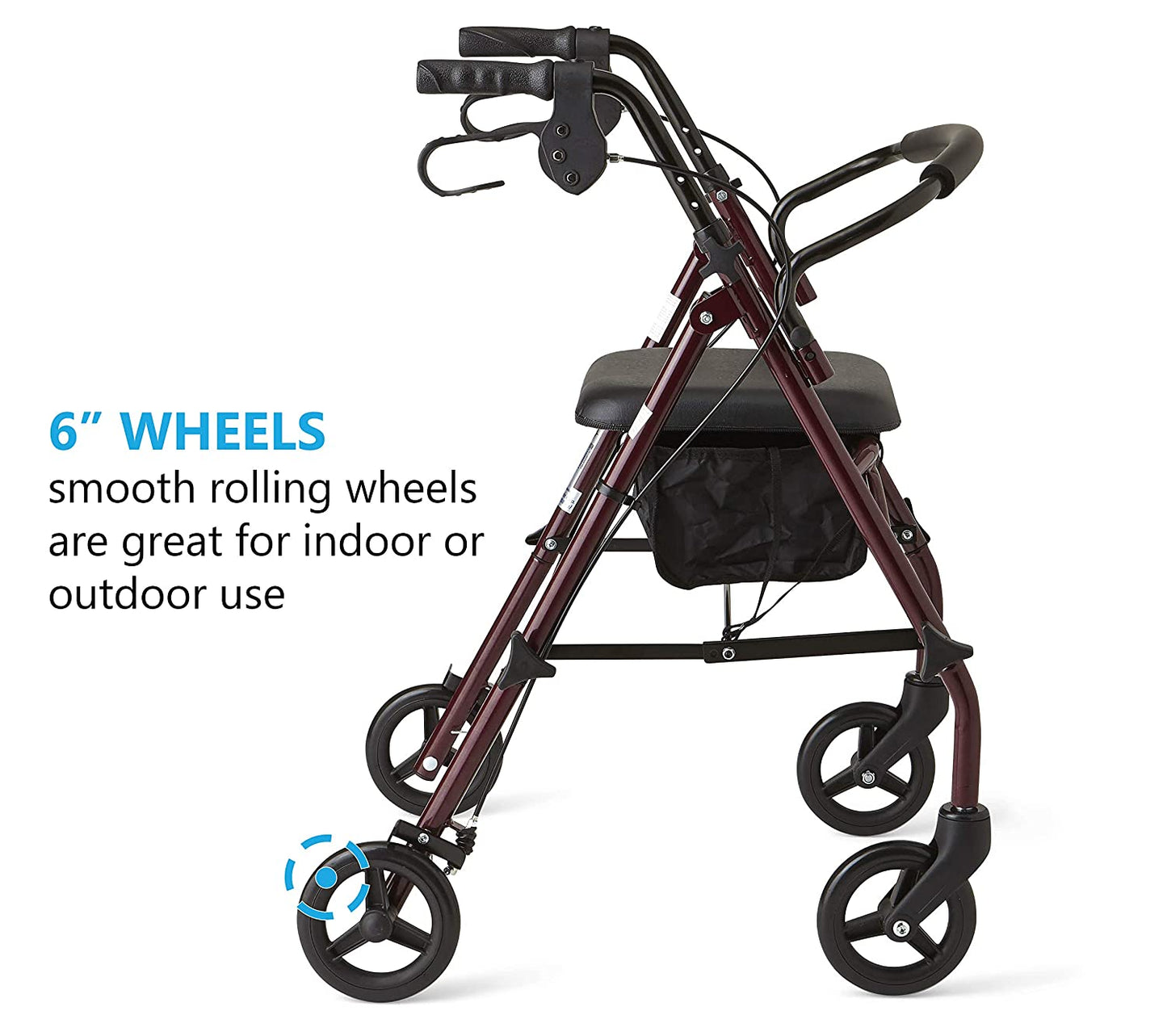 Medline Rollator Walker with Seat, Steel Rolling Walker with 6-inch Wheels Supports up to 350 lbs, Medical Walker, Burgundy image 1