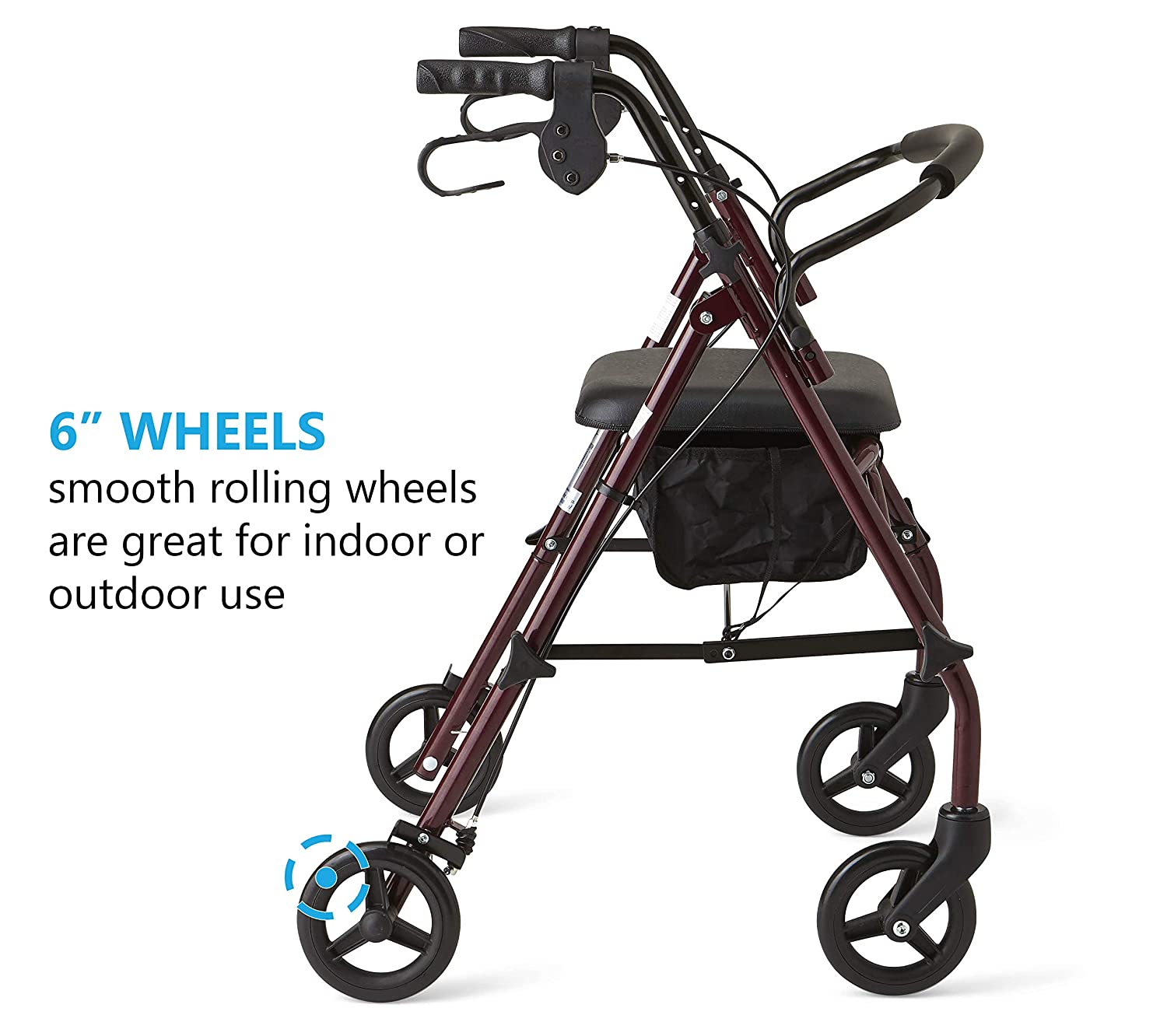Medline Rollator Walker with Seat, Steel Rolling Walker with 6-inch Wheels Supports up to 350 lbs, Medical Walker, Burgundy image 1