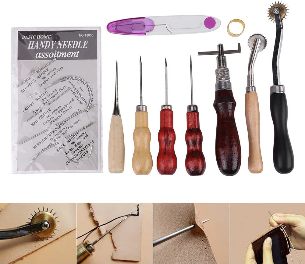 17 Pcs Leather Tools DIY Hand Stitching Kit with Groover Awl Waxed Thimble Thread for Sewing image 1