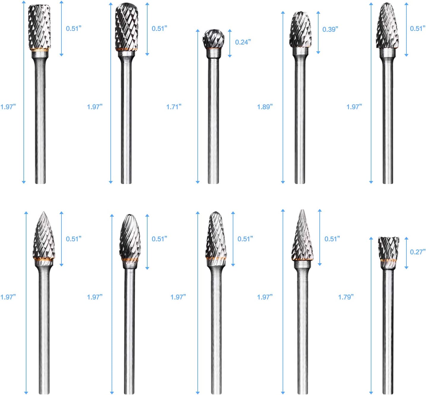 Rotary Burr Set, 10pcs Tungsten Carbide Rotary Burrs Set Double Cut Points Files Grinder Fit Rotary Tool for Engraving Wood Working Carving Polishing and Drilling, 1/8" Bit Shank 1/4” Head Size image 1