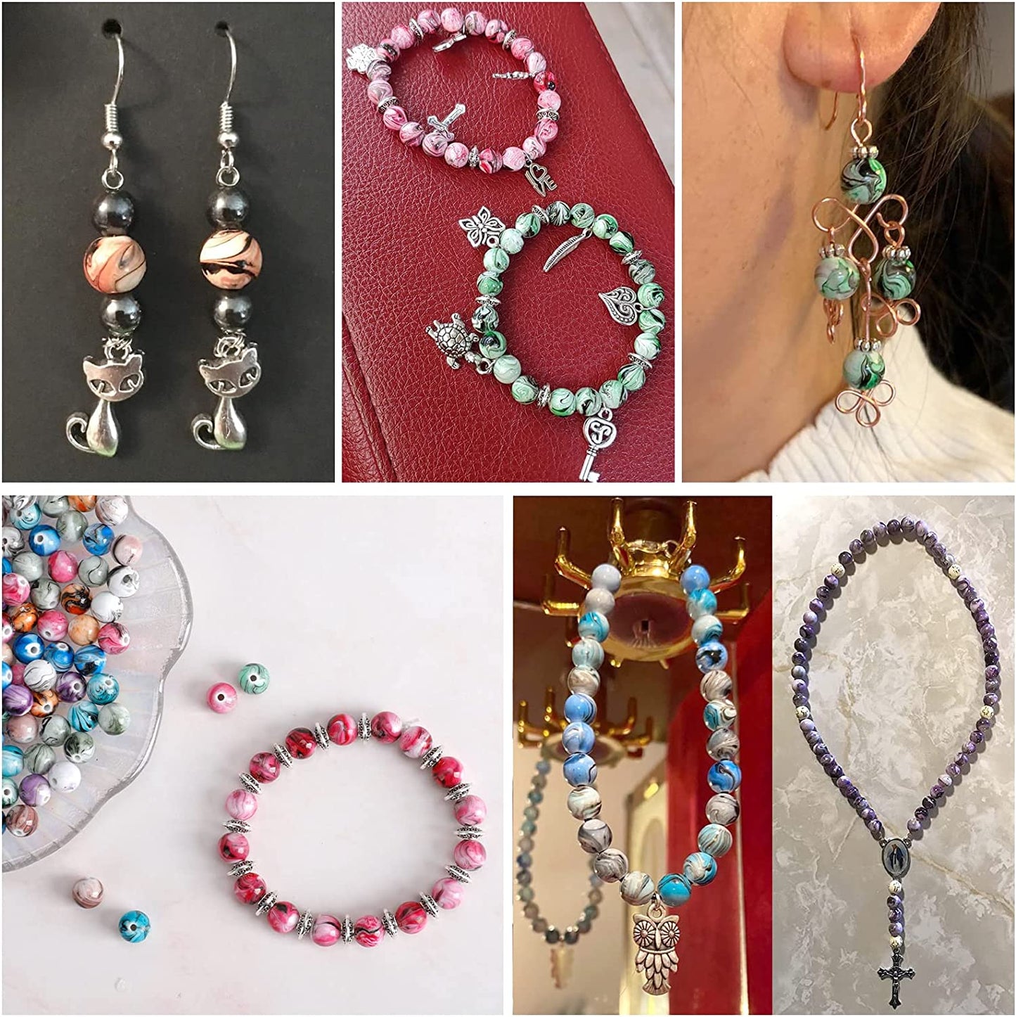 Quefe 500pcs Craft Beads for Jewelry Making, for Bracelets Making,Space Acrylic Beads in Ink Patterns with 50pcs Spacer Beads and Crystal String (8mm) image 2