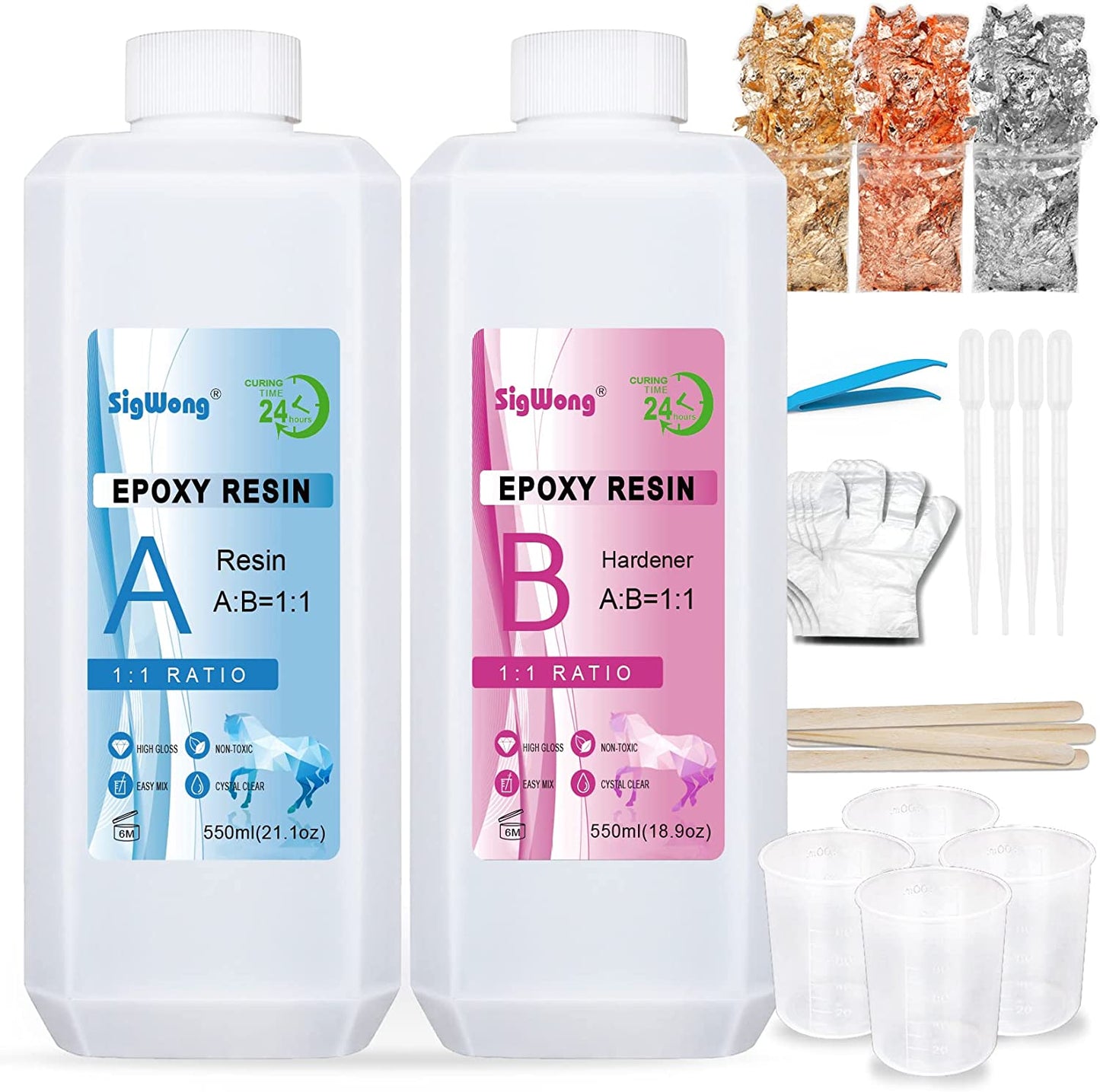 Epoxy Resin Clear Crystal Coating Kit 40oz - 2 Part Casting Resin for Art, Craft, Jewelry Making, River Tables, Bonus Gloves, Measuring Cup, Wooden Sticks, Dropper, Gold Foil Flakes and Tweezers image 0