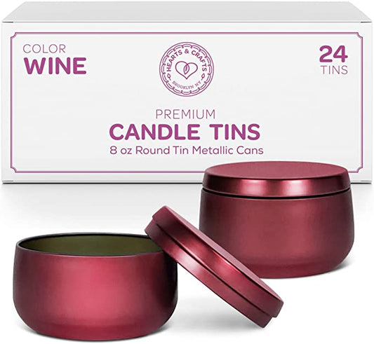 Hearts &amp; Crafts Empty Tin Candle Jars for Making Candles - Candle Tins 8oz - 24 Tin Candle Jars with Lids for Candle Making - Wine image 0