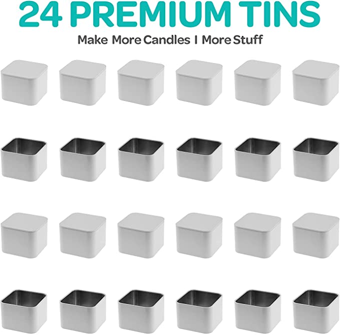Hearts &amp; Crafts Square Tin Candle Jars for Making Candles - 8oz Square Candle Tins with Seam - 24 Tin Candle Tins with Lids for Candle Making - White image 1