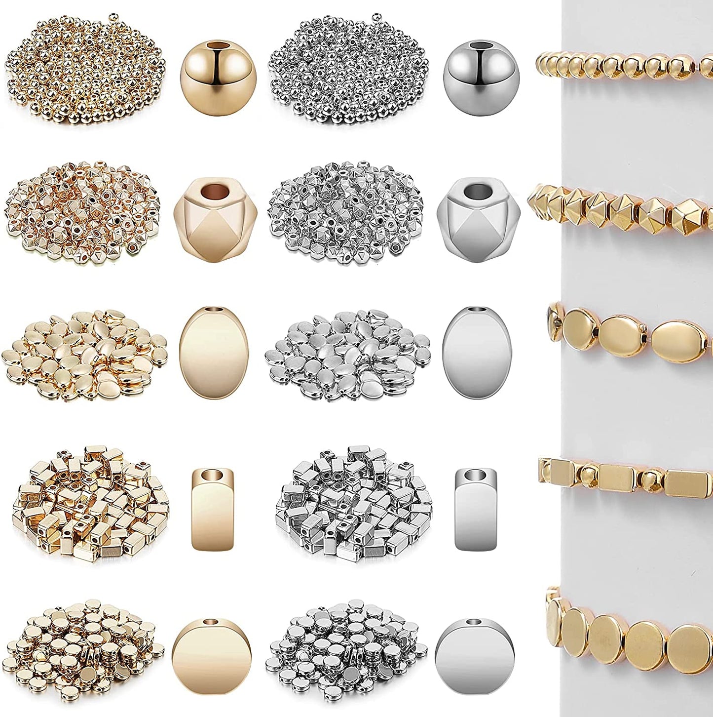 1800 Pieces Assorted Spacer Beads Rondelle Shape Cube Beads Tube Column Beads Flat Disc Loose Beads Round Ball Beads for Earring Bracelet Necklace DIY Jewelry (Gold, Silver) image 0