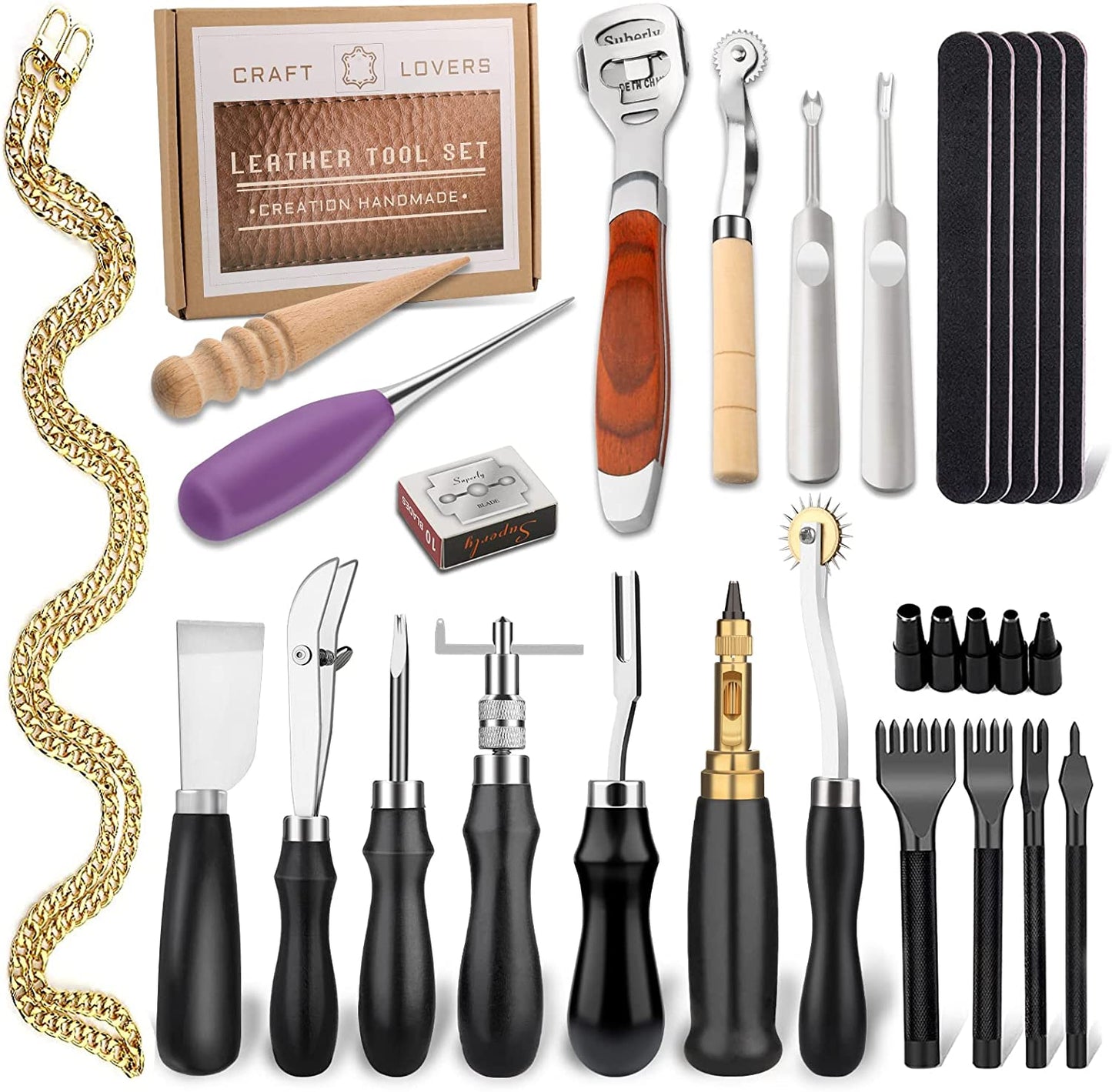 Leather Craft Kits Leather Working Tools and Supplies, Leather Sewing Kit Leather Tool Holder Leather Stamping Set, Leather Starter Kit with Prong Punch, Awl for Leather Craft Making DIY Sewing image 0