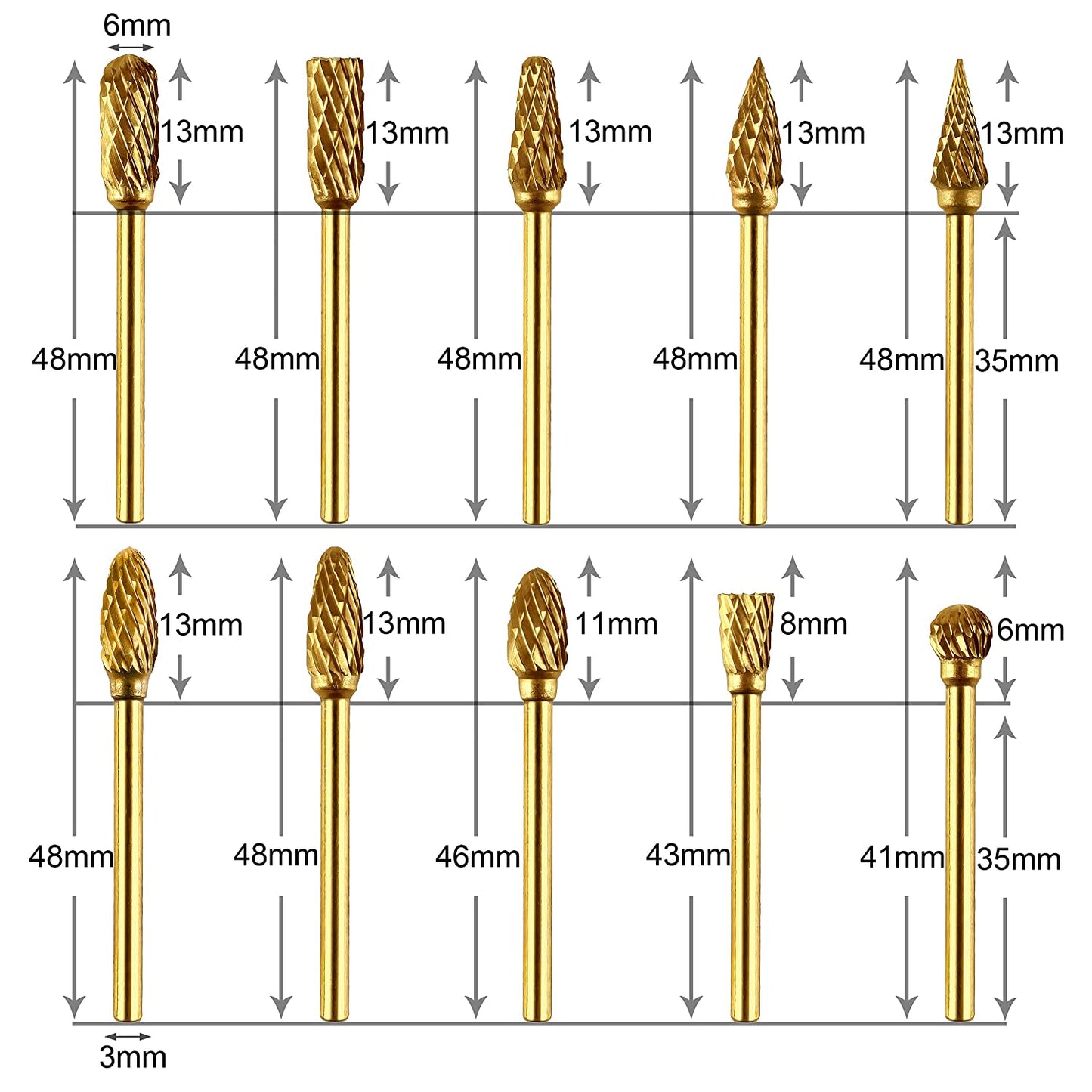 WHISTECK Titanium Carbide Rotary Burr Set - 10pcs Double Cut Tungsten Steel Die Grinder Bits, 1/8" Shank and 1/4" Head Length for Woodworking, Drilling, Metal Craving, Engraving, Polishing image 4