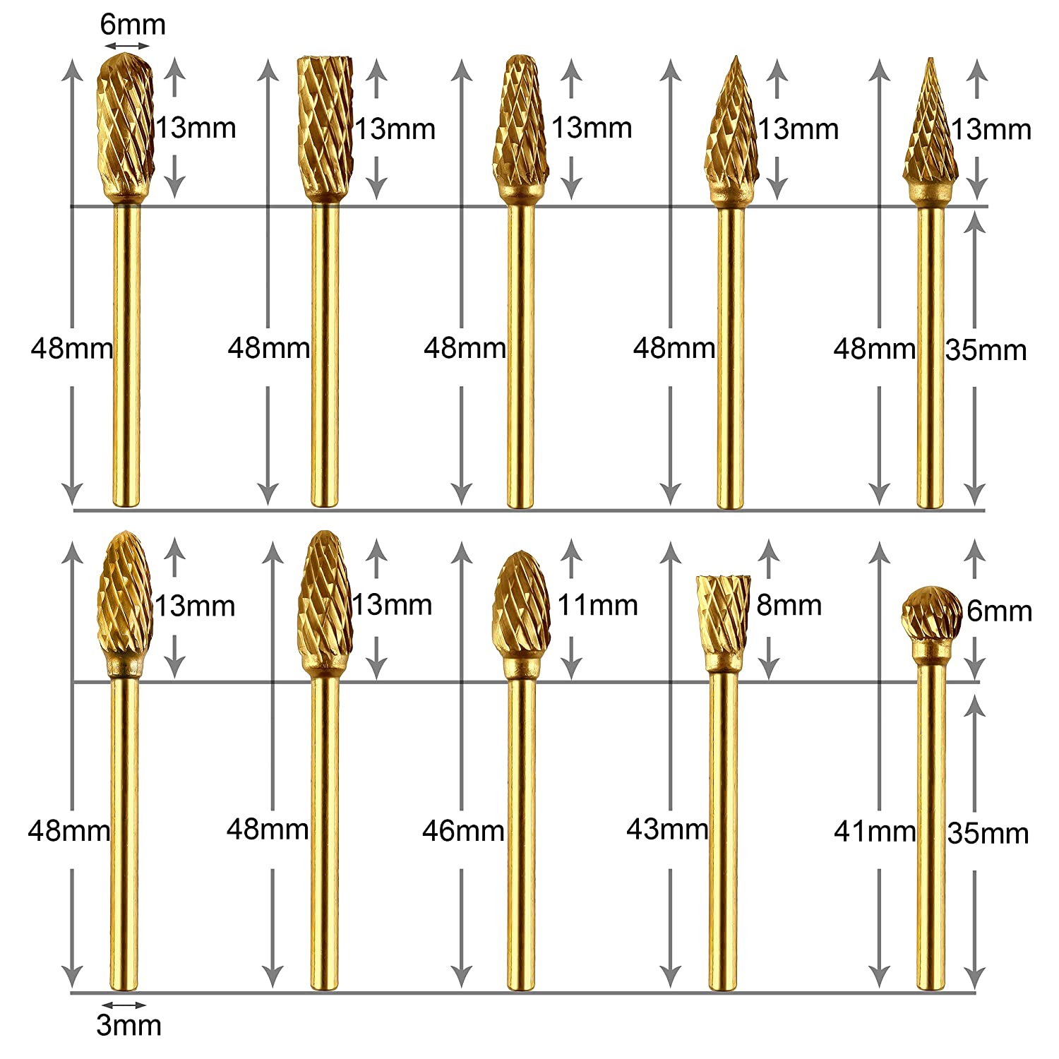 WHISTECK Titanium Carbide Rotary Burr Set - 10pcs Double Cut Tungsten Steel Die Grinder Bits, 1/8" Shank and 1/4" Head Length for Woodworking, Drilling, Metal Craving, Engraving, Polishing image 4
