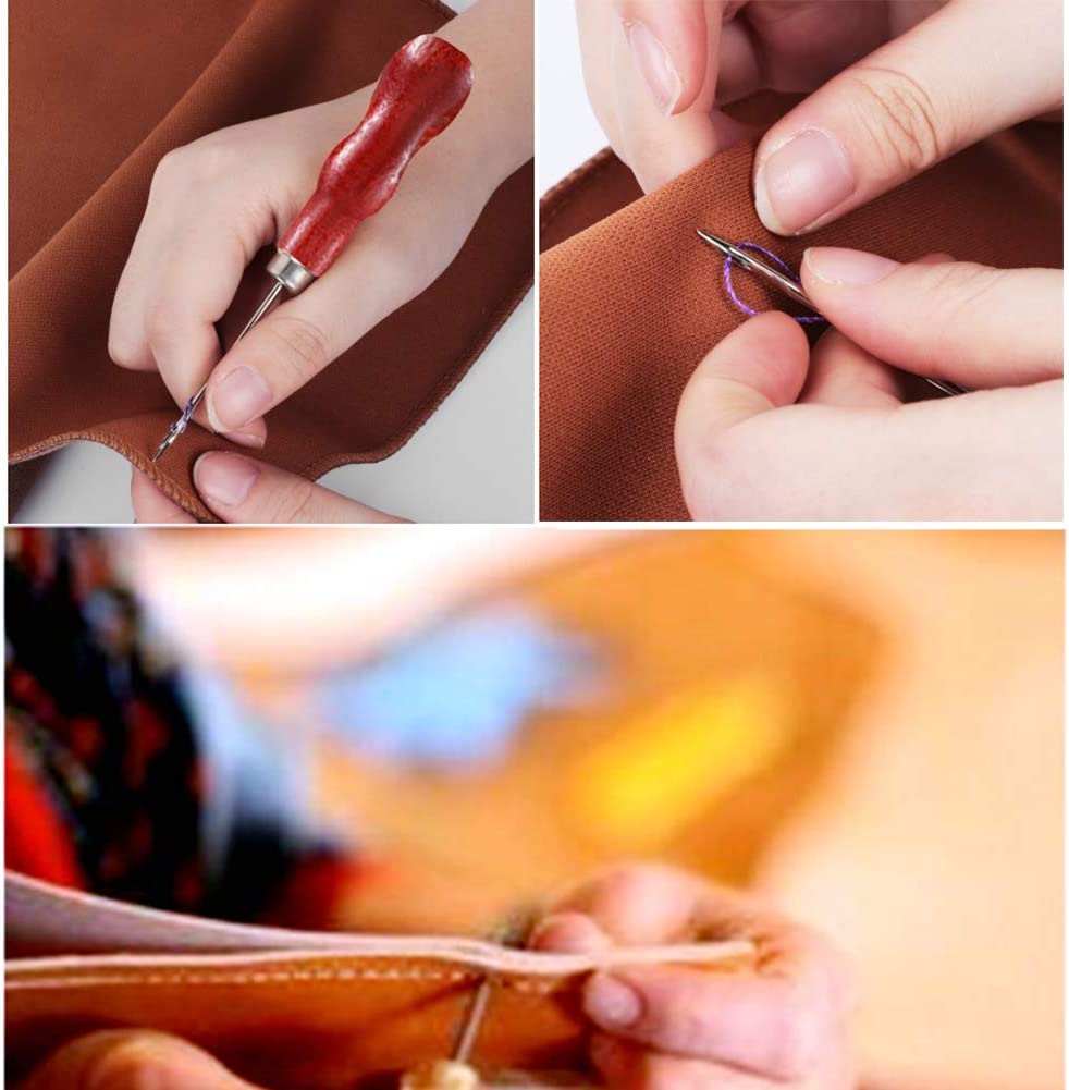 UOOU 46Pcs Leather Craft Tools Kit Leather Working Tools Basic Leather Sewing Repair kit Waxed Thread Prong Punch Snaps and Rivets Kit Hand Sewing Needles Awl for Leather Shoes Bag Belt Repairing image 2