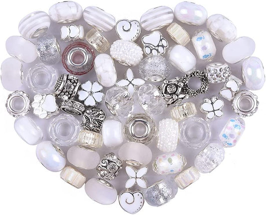 60 Pieces Assorted European Beads with Copper Core Big Hole Resin Spacer No Copper Core Lampwork Colorful Beads Rhinestone Craft Beads for DIY Charm Bracelet Jewelry Making (White) image 0