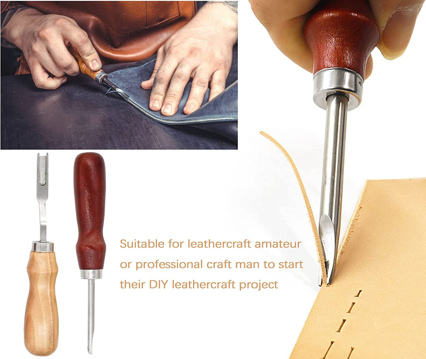 18Pcs Leather Stitching Working Tools kit Leather Craft Tools Perfect for Stitching Punching Cutting Sewing Leather Craft Making DIY Leathercraft Project Tools by Rain King image 1