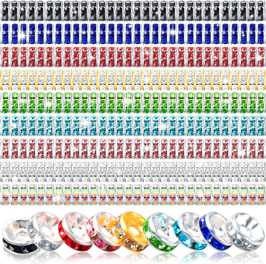 1080 Pieces Rondelle Spacer Beads Crystal Silver Plated Jewelry Bead Decorative Craft Spacer Bead Assorted Flat Crystal Charm Vintage Bead Supply for DIY Bracelet Jewelry Making, 9 Color (8 mm) image 0