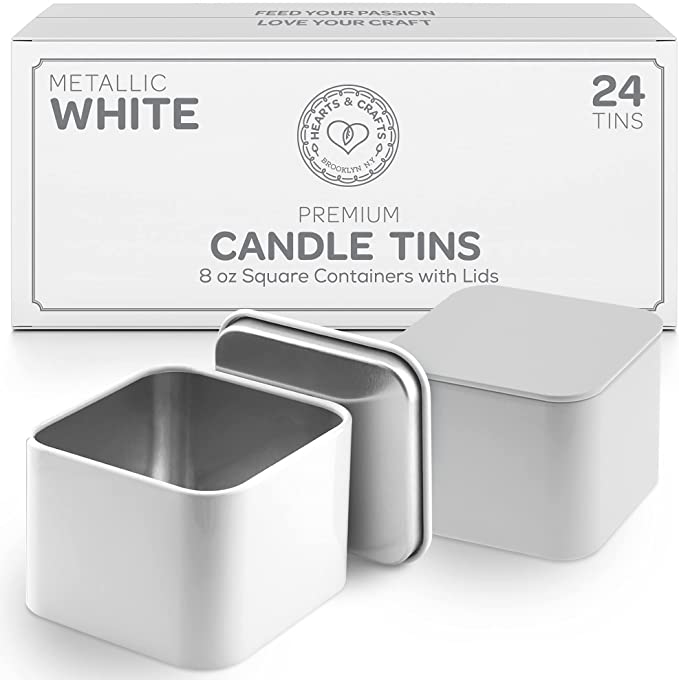 Hearts &amp; Crafts Square Tin Candle Jars for Making Candles - 8oz Square Candle Tins with Seam - 24 Tin Candle Tins with Lids for Candle Making - White image 0