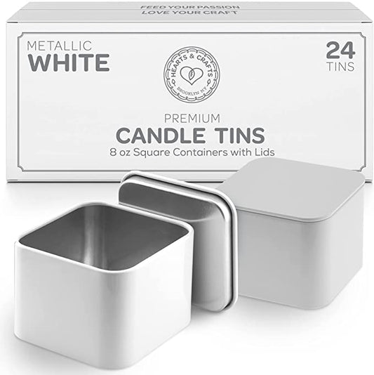 Hearts &amp; Crafts Square Tin Candle Jars for Making Candles - 8oz Square Candle Tins with Seam - 24 Tin Candle Tins with Lids for Candle Making - White image 0