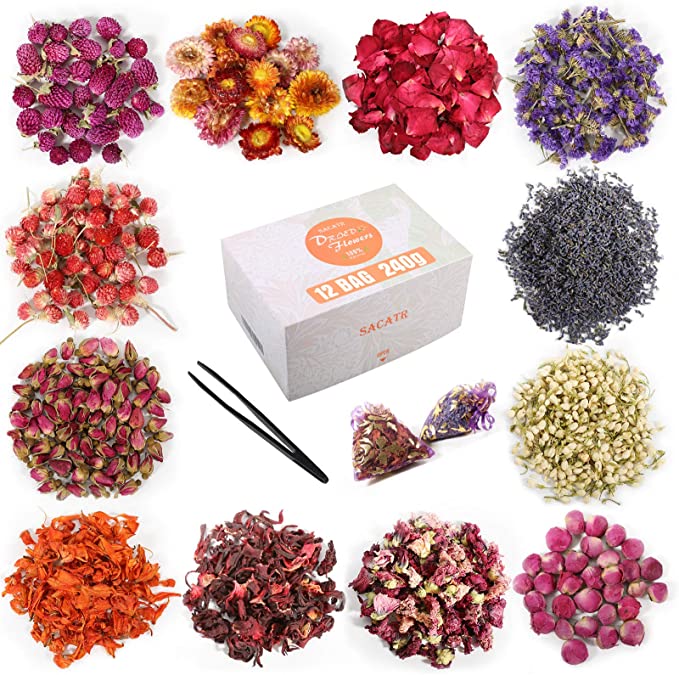 20g/Bag Dried Flowers,100% Natural Dried Flowers Herbs Kit for Soap Making, DIY Candle Making,Bath - Include Rose Petals,Lavender,Don't Forget Me,Lilium,Jasmine,Rosebudsand More(12 Bags) image 0