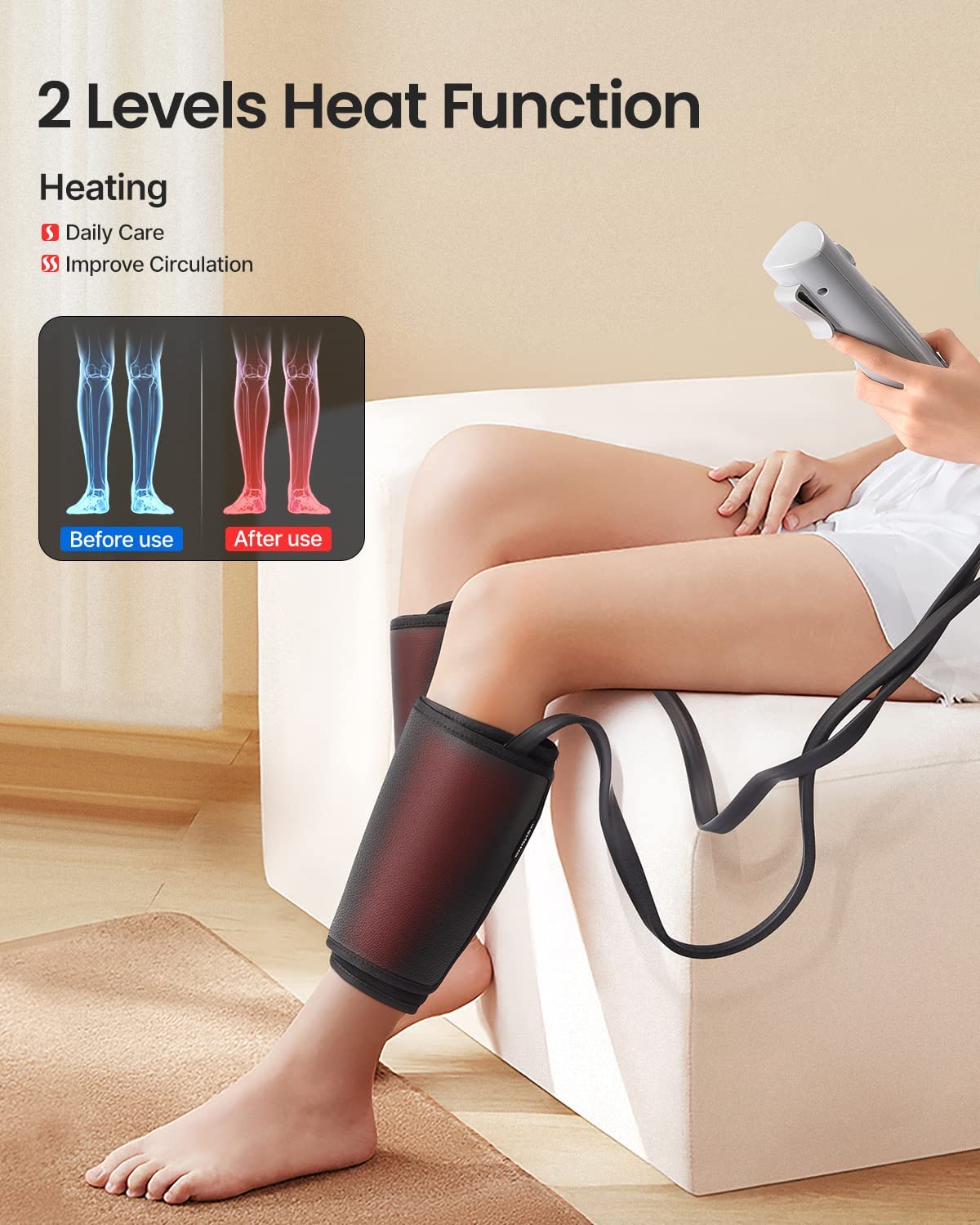 Renpho Leg Massager with Heat, Pu Leather Easy to Clean, Calf Thigh Foot Massage, Adjustable Wrap fit Most Size, 2 Heating, 3 Modes, 3 Intensities, Gifts for Men Women Dad Mom image 2