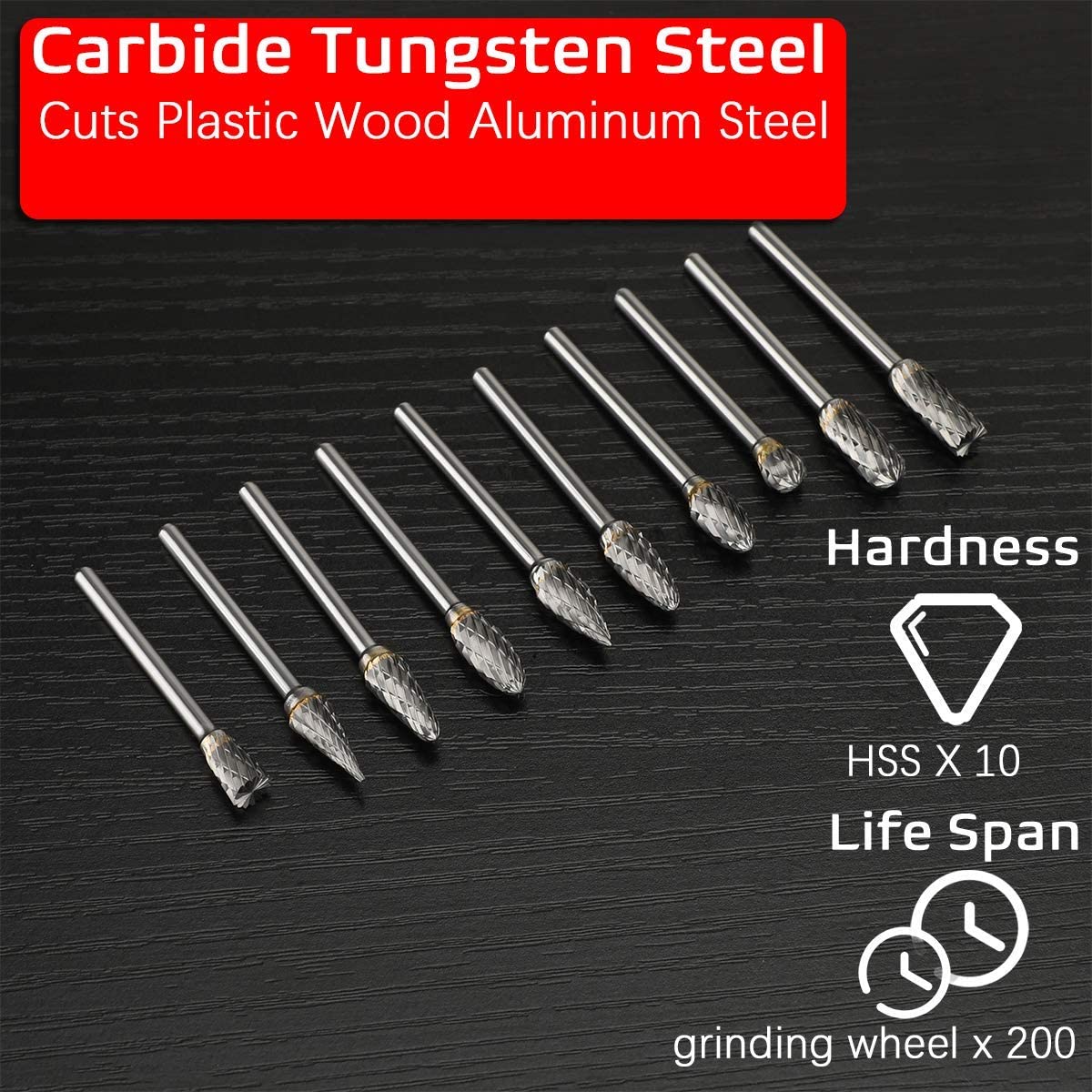 Rokrou Carbide Double Cut Carving Bits for Dremel Rotary Tool 10 Pcs 1/8' Shank 1/4' Head Length Tungsten Steel for Woodworking Metal Engraving New image 3