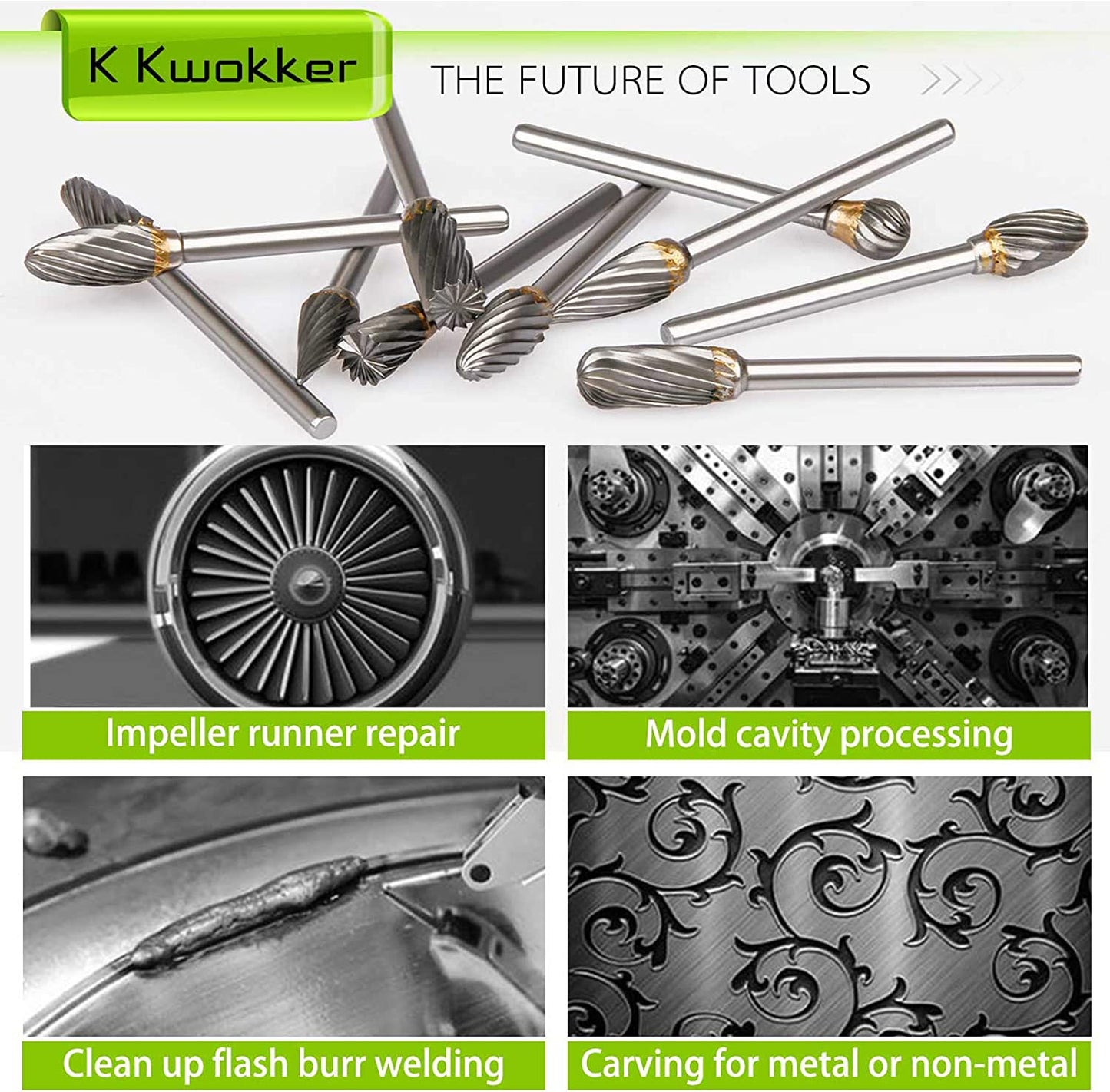 K Kwokker Tungsten Carbide Burr Set 1/8 Shank Diamond Files HRA85 Rotary Tool Accessory Kit, Drill Chucks Accessories for Dremel Rotary Drill Air Die Grinder for Metal Polishing, Wood Carving image 3