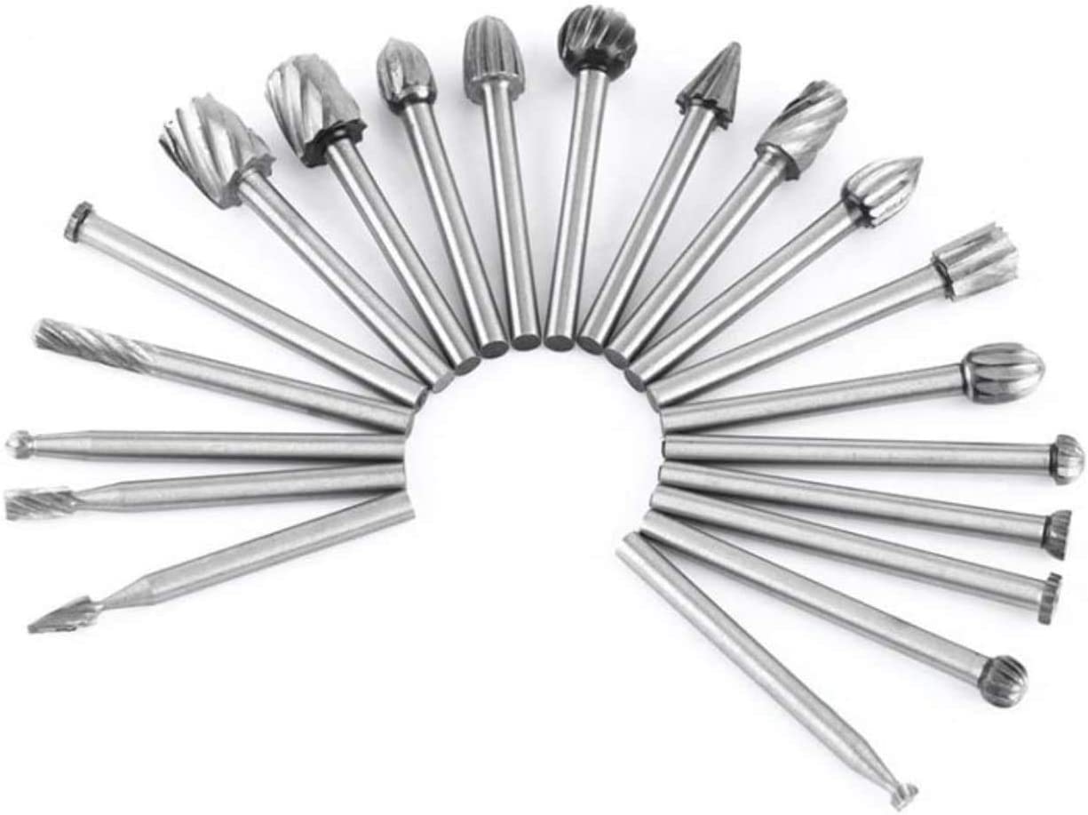 Tungsten Carbide HSS Rotary Burr Set - APlus 20pcs Wood Carving Drill Bits Set with 3mm 1/8 inch Shank for DIY Woodworking, Carving, Engraving, Drilling image 0