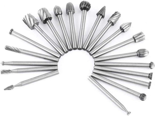 Tungsten Carbide HSS Rotary Burr Set - APlus 20pcs Wood Carving Drill Bits Set with 3mm 1/8 inch Shank for DIY Woodworking, Carving, Engraving, Drilling image 0