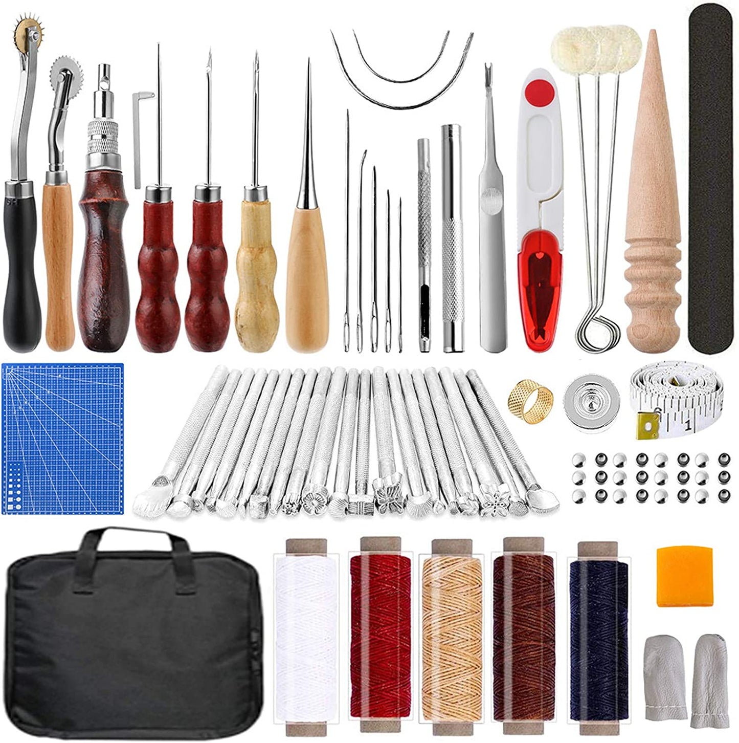 Leather Working Tools Kit 103 Pcs, Leather Craft DIY Tools with Stamping Tool, Cutting Mat, Snaps Rivets Kit, Stitching Groover, Waxed Thread, Leather Tool Kit for Stitching Punching Cutting Sewing image 0