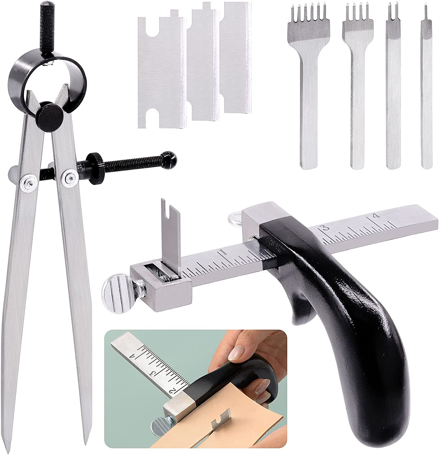 Keadic Professional Leather Working Tool Set Contain Leather Cutting Tool, 4mm Lacing Stitching Punch Set and Adjustable Divider Wing Compass, Leathercraft Kits for Leather Craft Making DIY Sewing image 0