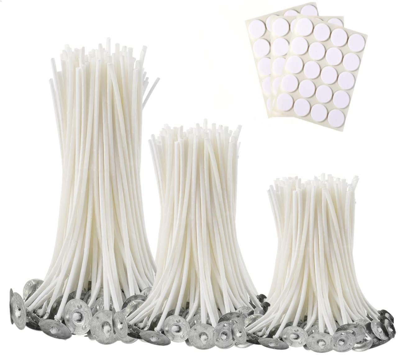 300Pcs Functional Smokeless Candle Wicks,100pcs Wicks Sticker, Pre-Waxed Cotton Core Wicks with Metal Sustainer Tabs for Pillar Candle Making and Candle DIY Christmas Gift,9cm/3.5in,15cm/6in,20cm/8in image 0