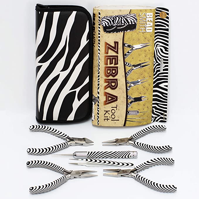The Beadsmith Zebra Print Pliers – 6 Inch Tools, 6 Piece Kit: Chain Nose, Round Nose, Bent Chain Nose, Side Cutter, Tweezers &amp; Reamer with Zippered Pouch – Tools Set for Jewelry Making image 6
