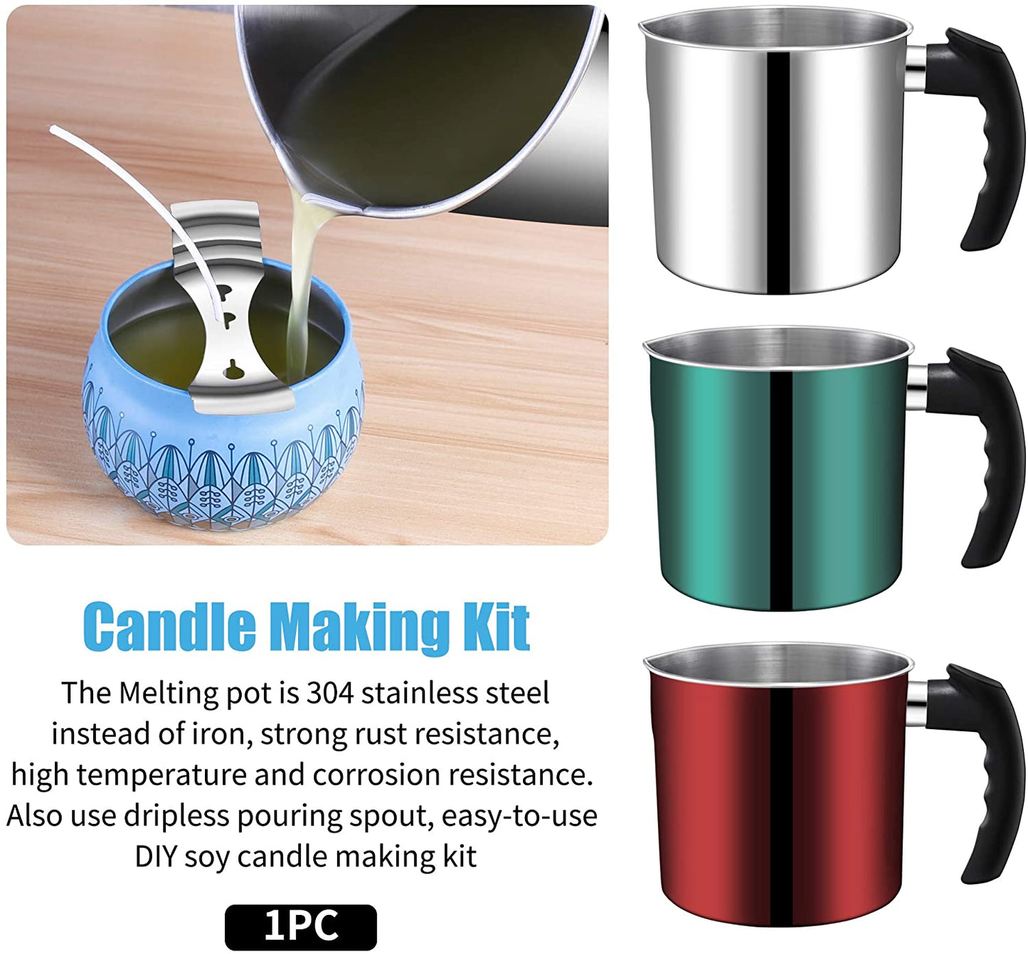 Candle Making Pouring Pot, DINGPAI 44oz Double Boiler Wax Melting Pot, 1pc Spoon, 304 Stainless Steel Candle Making Pitcher, Silver Color with Heat-Resistant Handle and Dripless Pouring Spout Design image 1