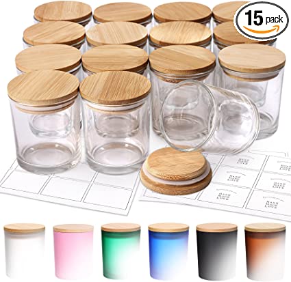 15 Pack, 6 OZ Thick Glass Jars with Airtight Bamboo Lids and Sticky Labels, Clear Empty Candle Jars for Making Candles, Spice Jars, Sample Container - Dishwash Safe image 0