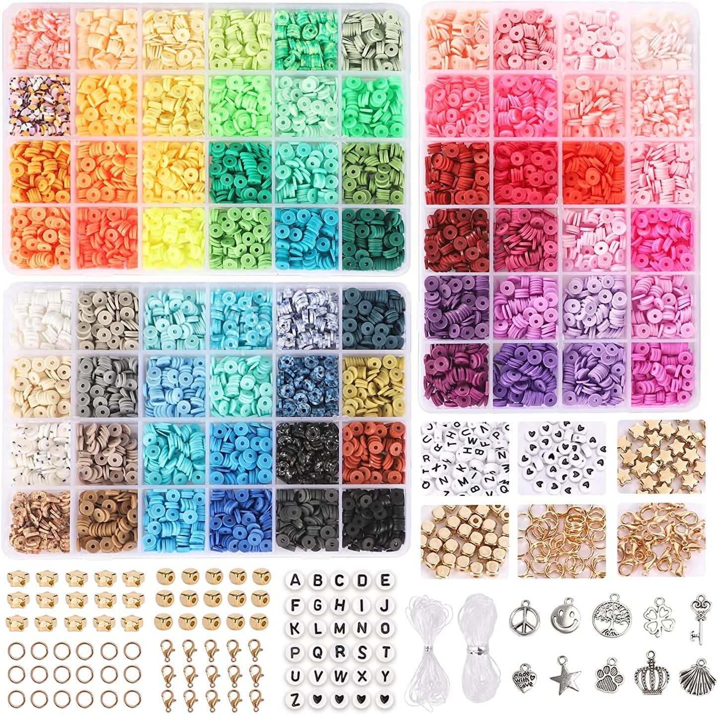 QUEFE 72 Colors Clay Beads for Bracelet Making Kit Flat Round Polymer Clay Beads Spacer Heishi Beads for Jewelry Making with Random Pendant Charms Kit Letter Beads and Elastic Strings image 0