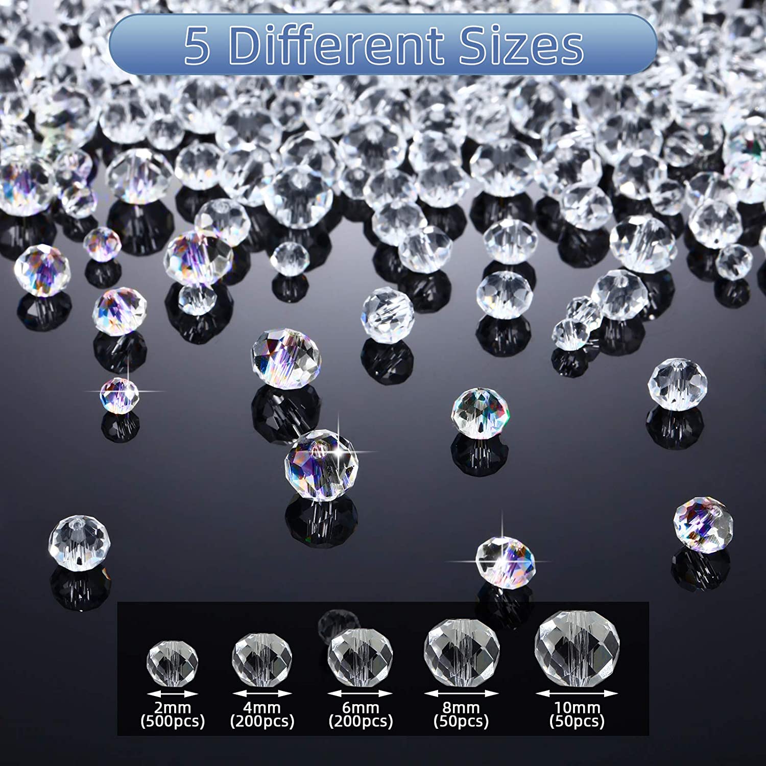 1000 Pieces Crystal Faceted Glass Beads Clear Rondelle Shape Glass Beads Crystal Spacer Loose Beads with Plastic Storage Box for DIY Jewelry Making Craft, 2 mm, 4 mm, 6 mm, 8 mm, 10 mm image 4