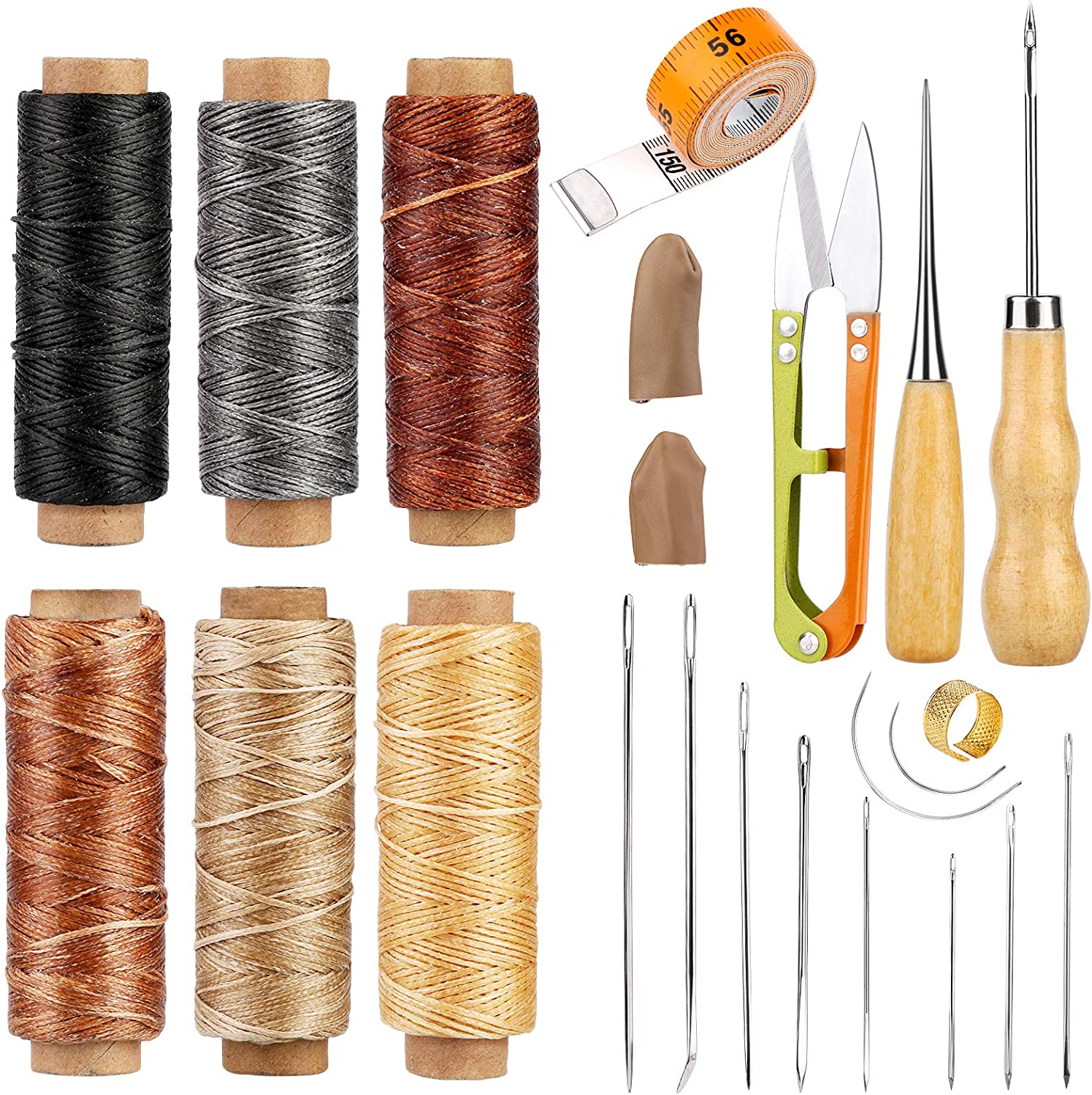 Leather Craft Sewing Kit Leather Repair Upholstery Sewing Kit with 6 Colors Leather Sewing Waxed Thread Hand Quilting Needles Sewing Awl for Beginner Leather Repair, Stitching, Sewing image 0