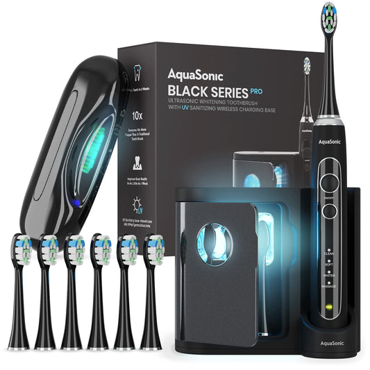 AquaSonic Black Series PRO – Ultra Whitening Toothbrush w UV Sanitizing Base – 4 Modes &amp; Smart Timers – UV Sanitizing &amp; Charging Travel Case – UltraSonic Electric Tooth Brush – 6 Proflex Brush Heads image 0