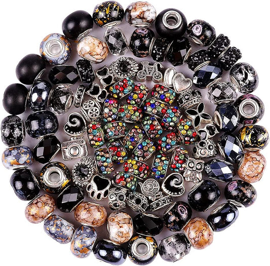 100 PCS Assorted European Craft Beads Big Hole Crystal Lampwork Spacer Beads Colorful Antique Silver Beads Rhinestone European Beads for DIY Necklace Bracelet Jewelry Making (Black) image 0