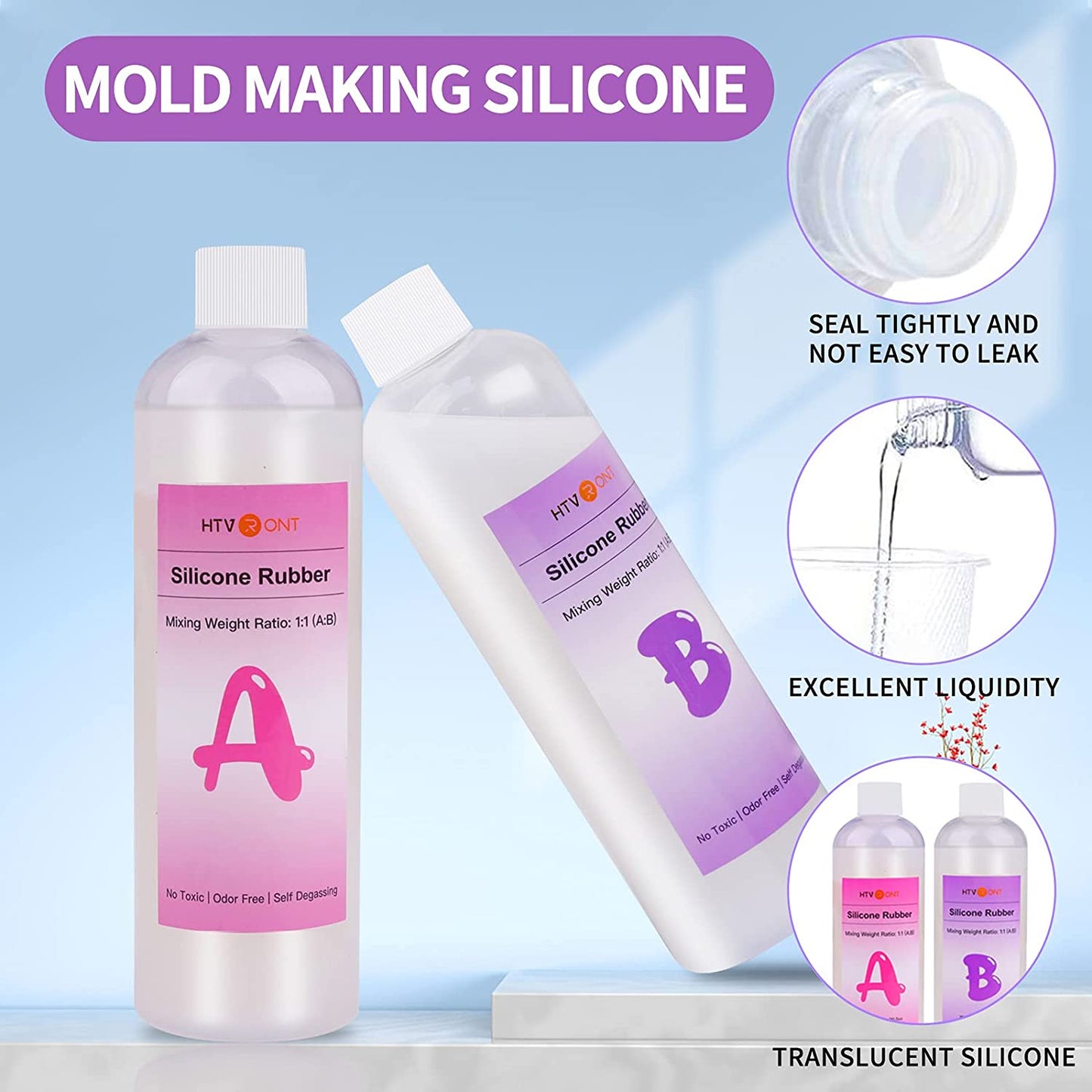 HTVRONT Silicone Mold Making Kit: Liquid Translucent Silicone Rubber for Silicone Molds Making - Easy 1:1 Mixing Ratio Silicone for Casting Resin,Jewelry Making,Candle,Clay,DIY Molds(21.16oz/600g) image 1