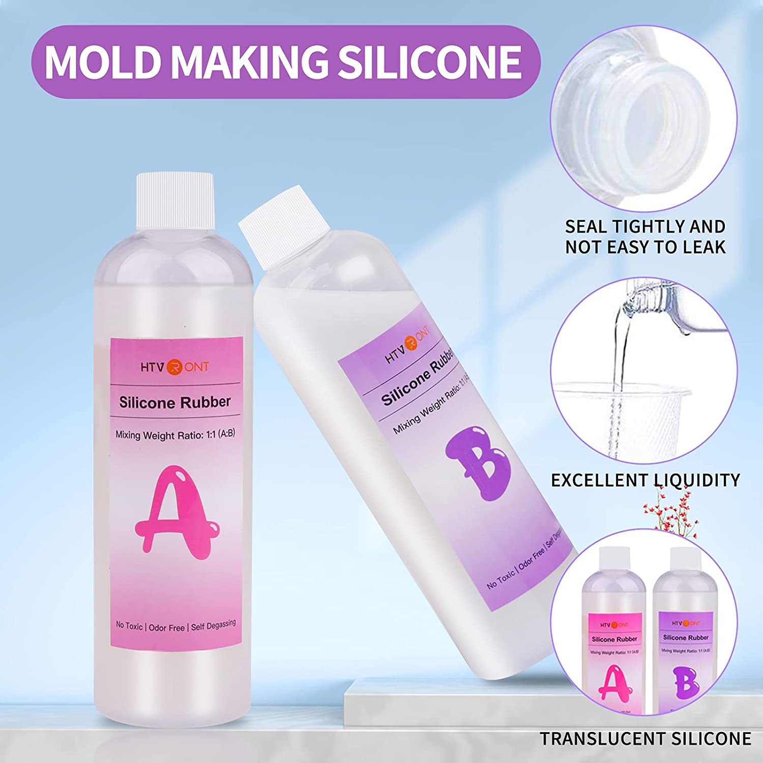 HTVRONT Silicone Mold Making Kit: Liquid Translucent Silicone Rubber for Silicone Molds Making - Easy 1:1 Mixing Ratio Silicone for Casting Resin,Jewelry Making,Candle,Clay,DIY Molds(21.16oz/600g) image 1