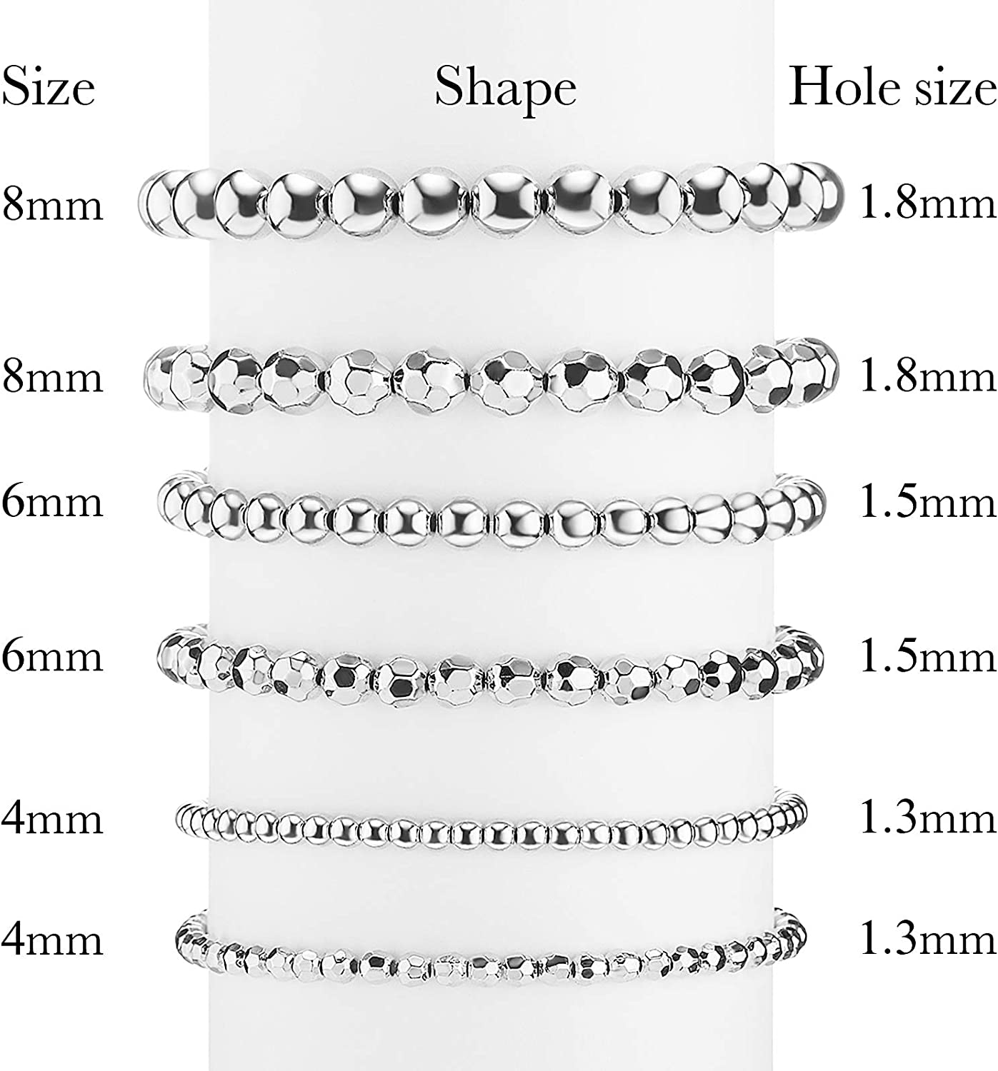 1200 Pieces Spacer Beads Loose Beads Set Includes 600 Pieces Round Ball Smooth Beads and 600 Pieces Faceted Spacer Beads for Stackable Bracelet Jewellery Craft Making DIY, 8 mm, 6 mm, 4 mm (Silver) image 1
