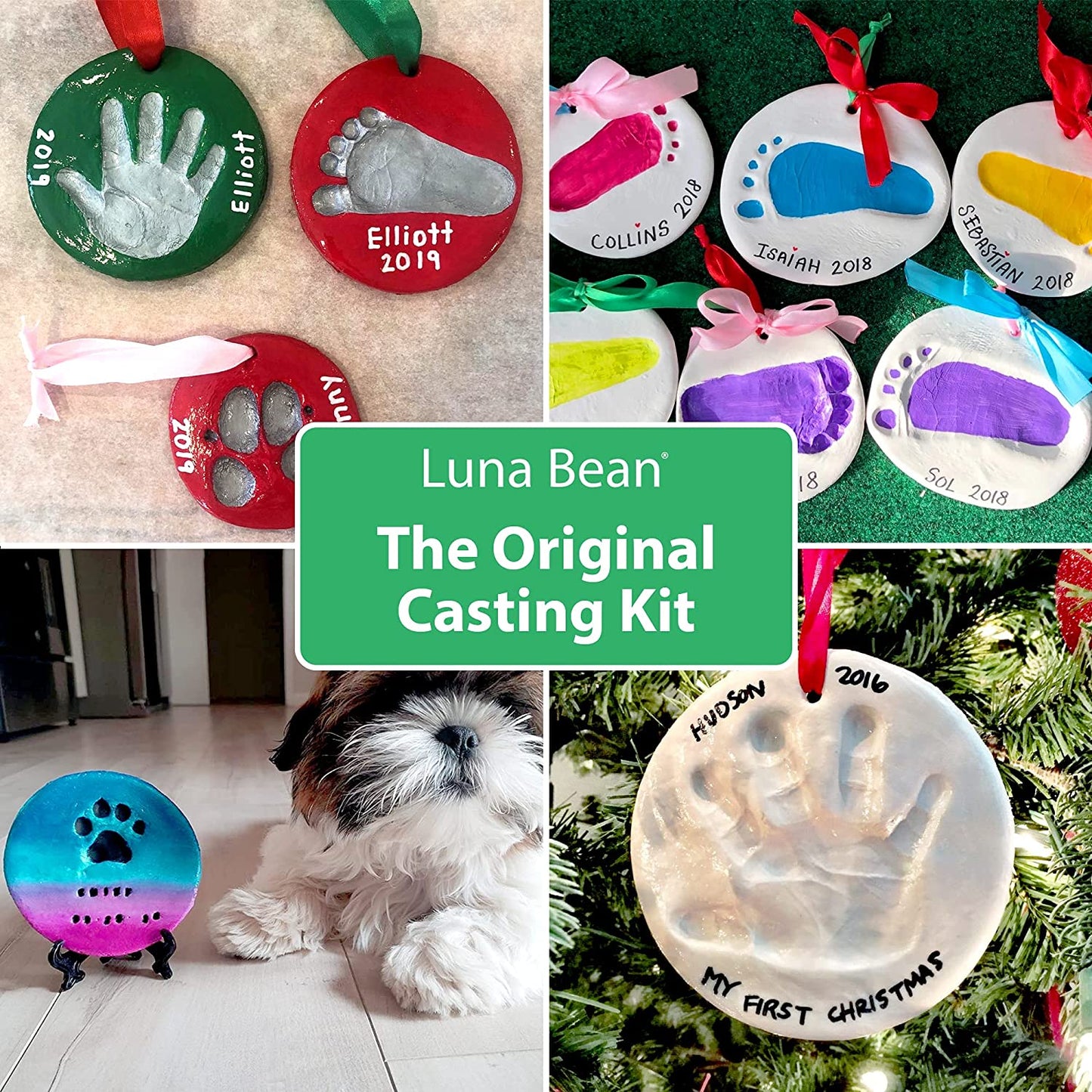 Luna Bean Baby Hand and Footprint Kit - Perfect Baby Keepsake Homemade Ornament Kits for Christmas - Baby Footprint Kit &amp; Inkless Hand and Footprint Kit Holiday Gift - 2Pack W/Ribbons &amp; Easels image 2