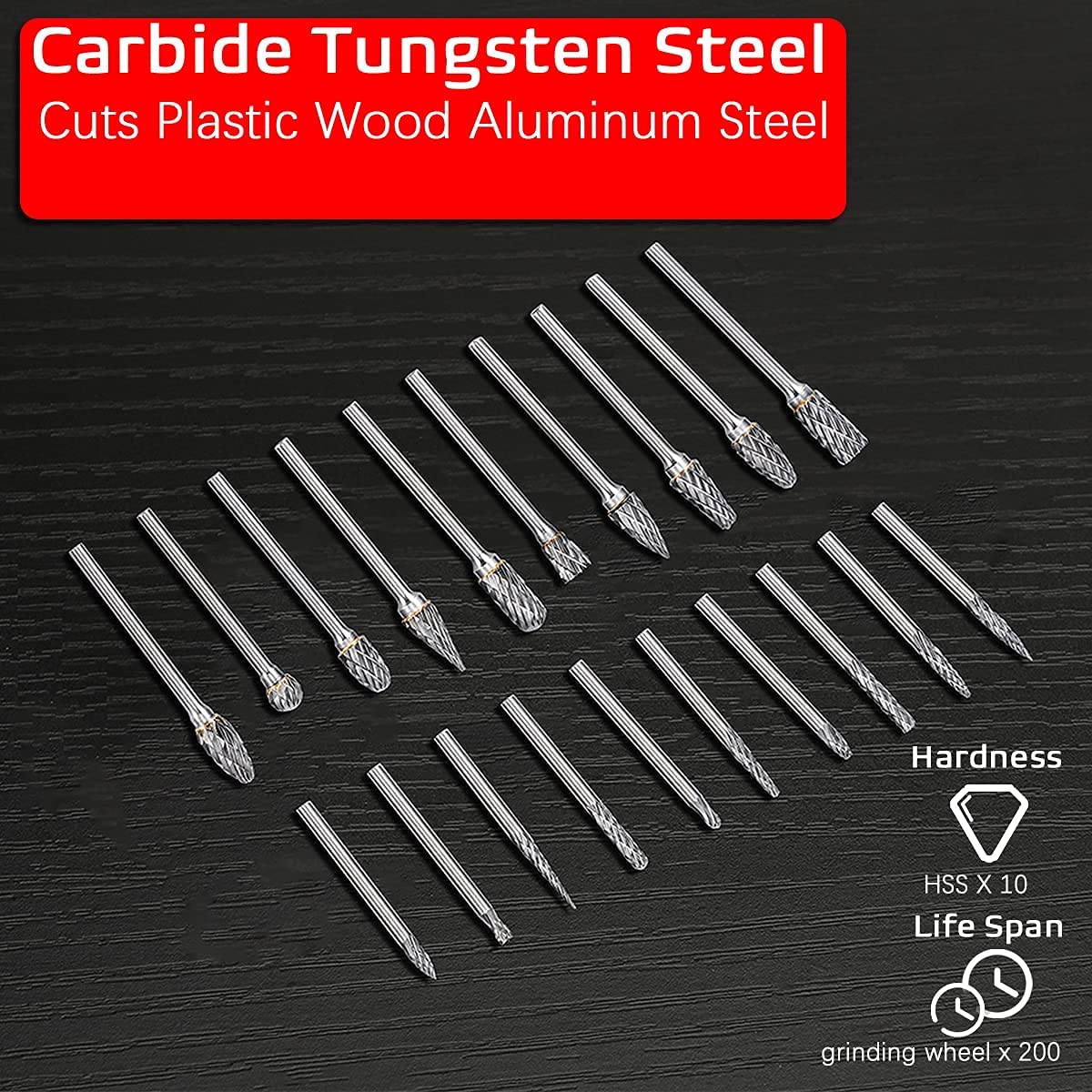 Rokrou Carbide Double Cut for Dremel carving bits, rotary tool, 20 Pcs Rotary Burr Set with 1/8” Shank and 1/4" Head Length for, Woodworking, Engraving, Metal Carving, Drilling, Polishing image 3