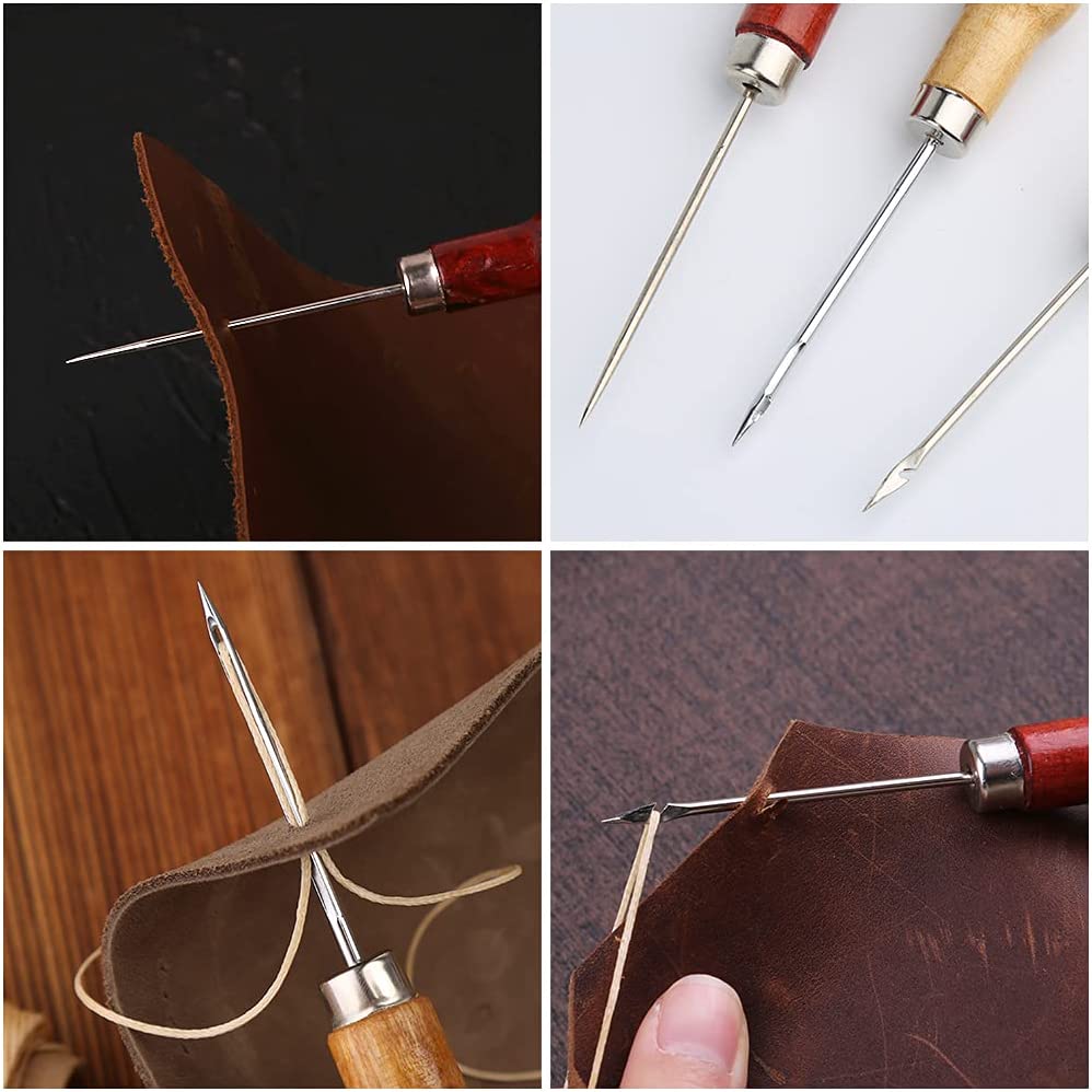 34 Pcs Leather Tool Kit, Leather Working Tools, and Supplies, Leather Sewing Kit with Leather Thread, Leather Sewing Needles, Groover, Thimble, Awl, Instructions and Leather Accessories image 3