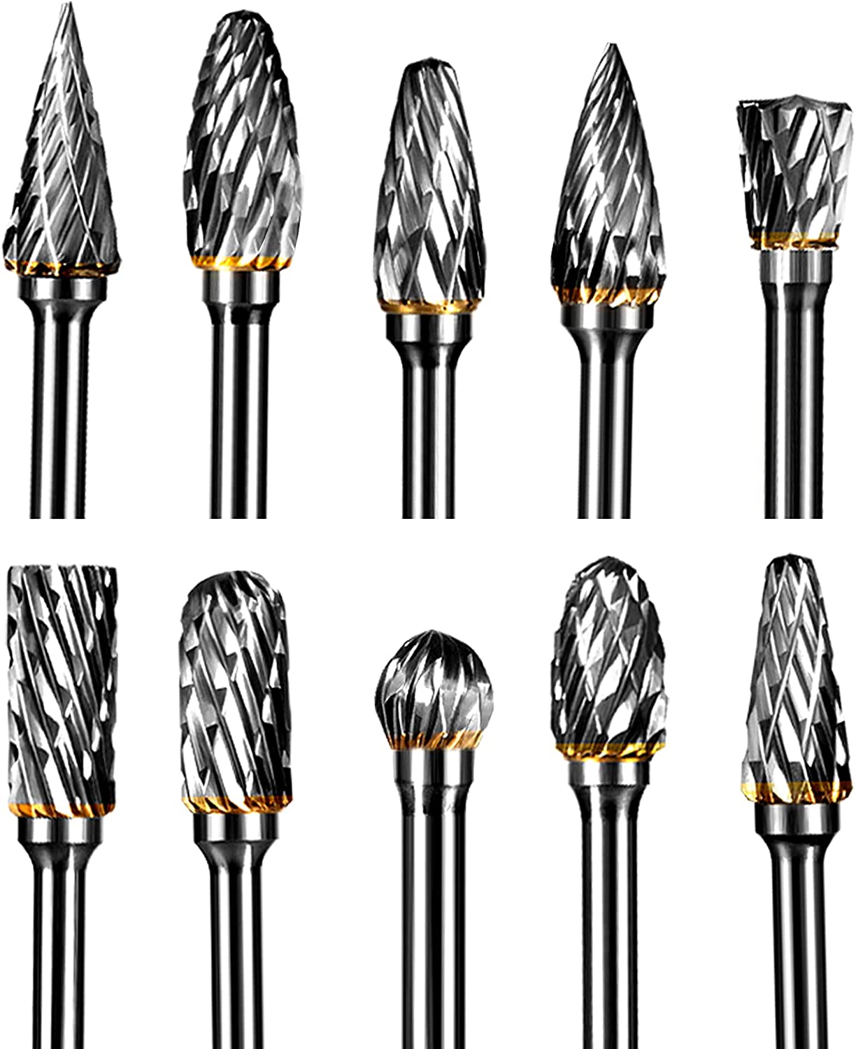 YXGOOD 10 Pieces Tungsten Carbide Double Cut Rotary Burr Set with 3 mm (1/8 Inch) Shank and 6 mm (1/4 Inch) Head Size (Style 1) image 0