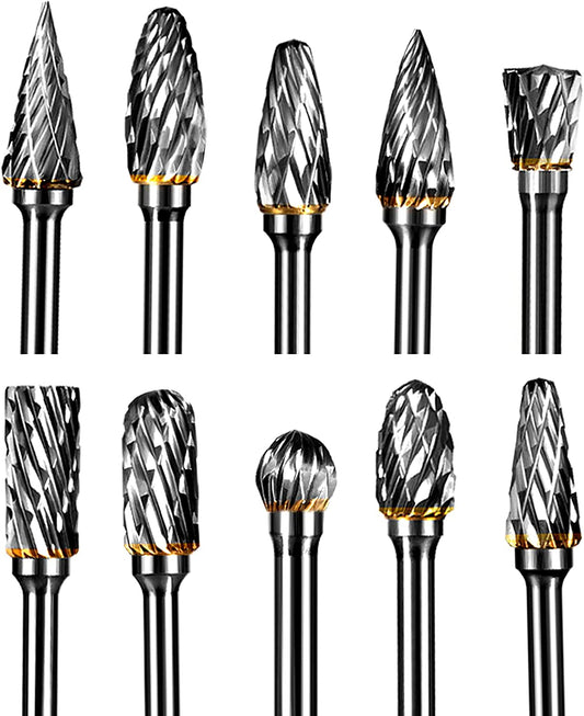 YXGOOD 10 Pieces Tungsten Carbide Double Cut Rotary Burr Set with 3 mm (1/8 Inch) Shank and 6 mm (1/4 Inch) Head Size (Style 1) image 0