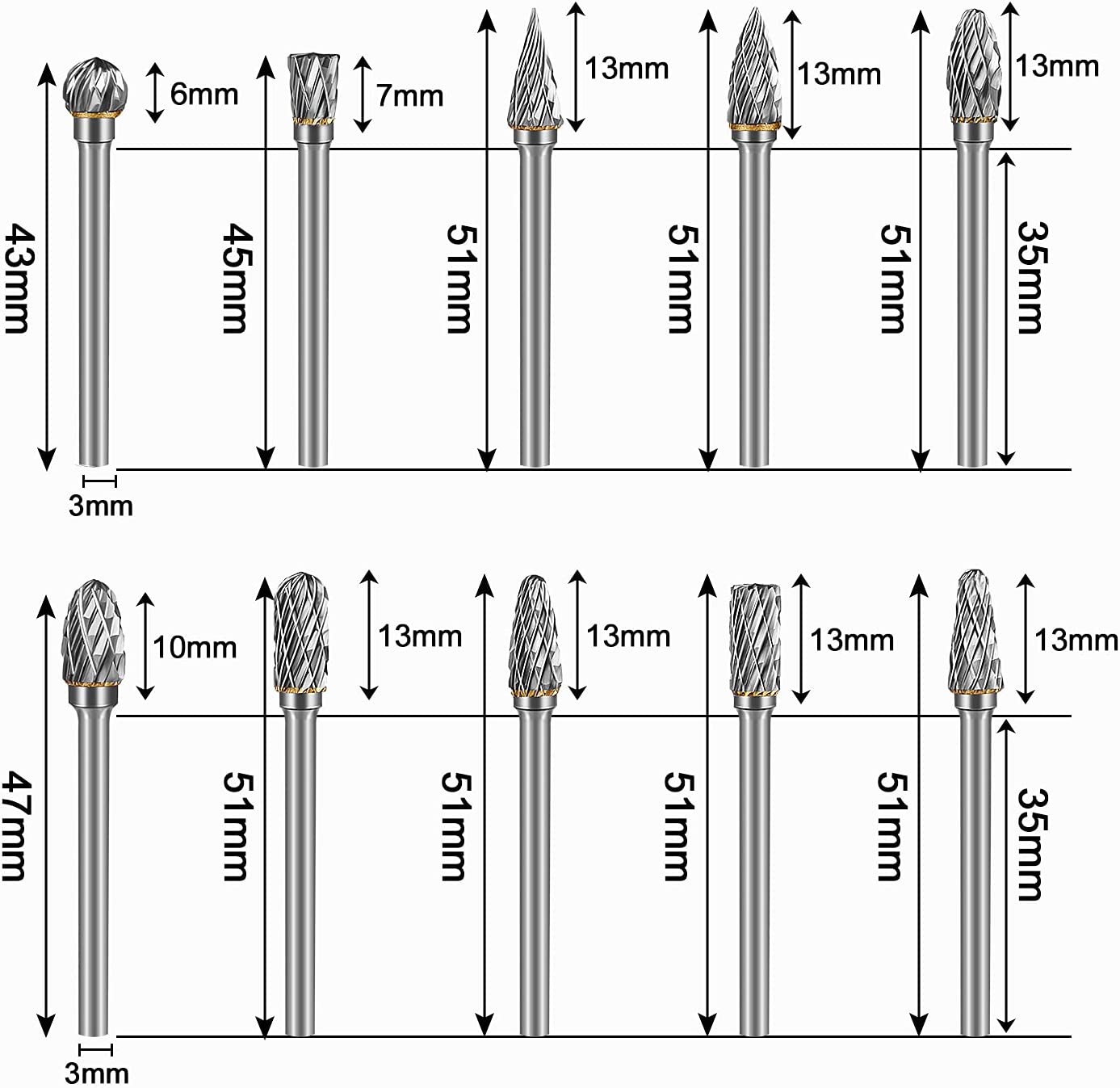 HOMEIDOL Carbide Burr Set Die Grinder Bits Rotary Tool Bits 1/8" Shank 10 PC Double Cut Wood Carving Accessories Cutting Burrs Metal Grinding Engraving Polishing Porting Trimming image 1