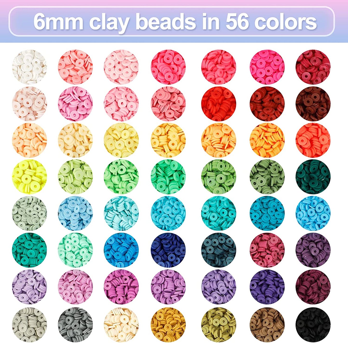 QUEFE 14420pcs Clay Beads for Bracelet Making Kit, 56 Colors Spacer Heishi Beads Flat Round Polymer Clay Beads with Pendant Charms Kits and Elastic Strings image 2