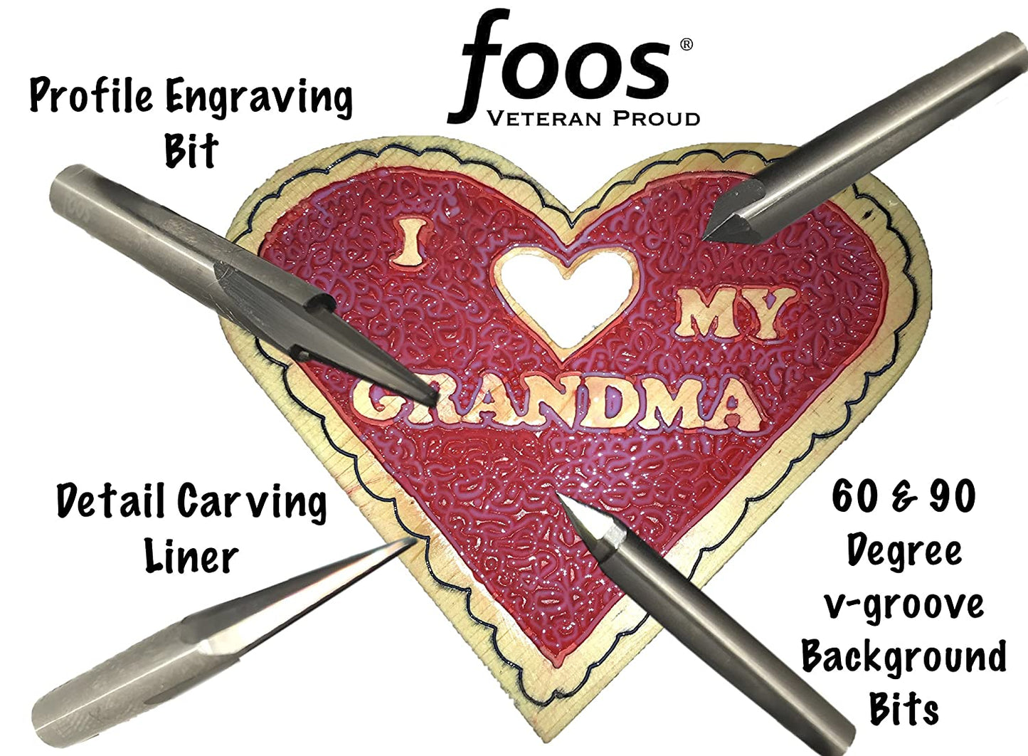 FOOS - Engraving CNC Wood Carving Router Bit Set - 4pcs - Solid Carbide - 1/4” Shanks - Veteran Owned = Profile + Carving Liner + 2 V Groove USA Veteran Owned image 3