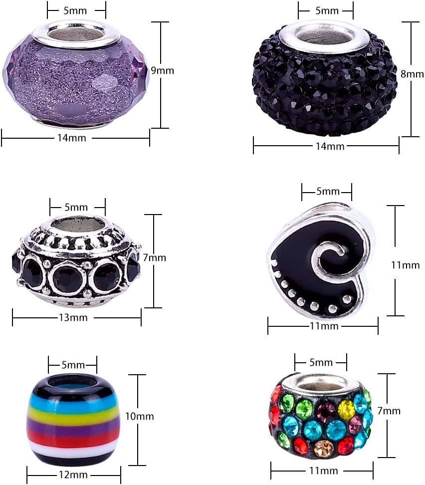 VICTLOV 60 Pieces European Large Hole Spacer Beads Charm Fairy Wands Beads Rhinestone Lampwork Beads Supplies for Bracelets Jewelry Making (Black) image 2